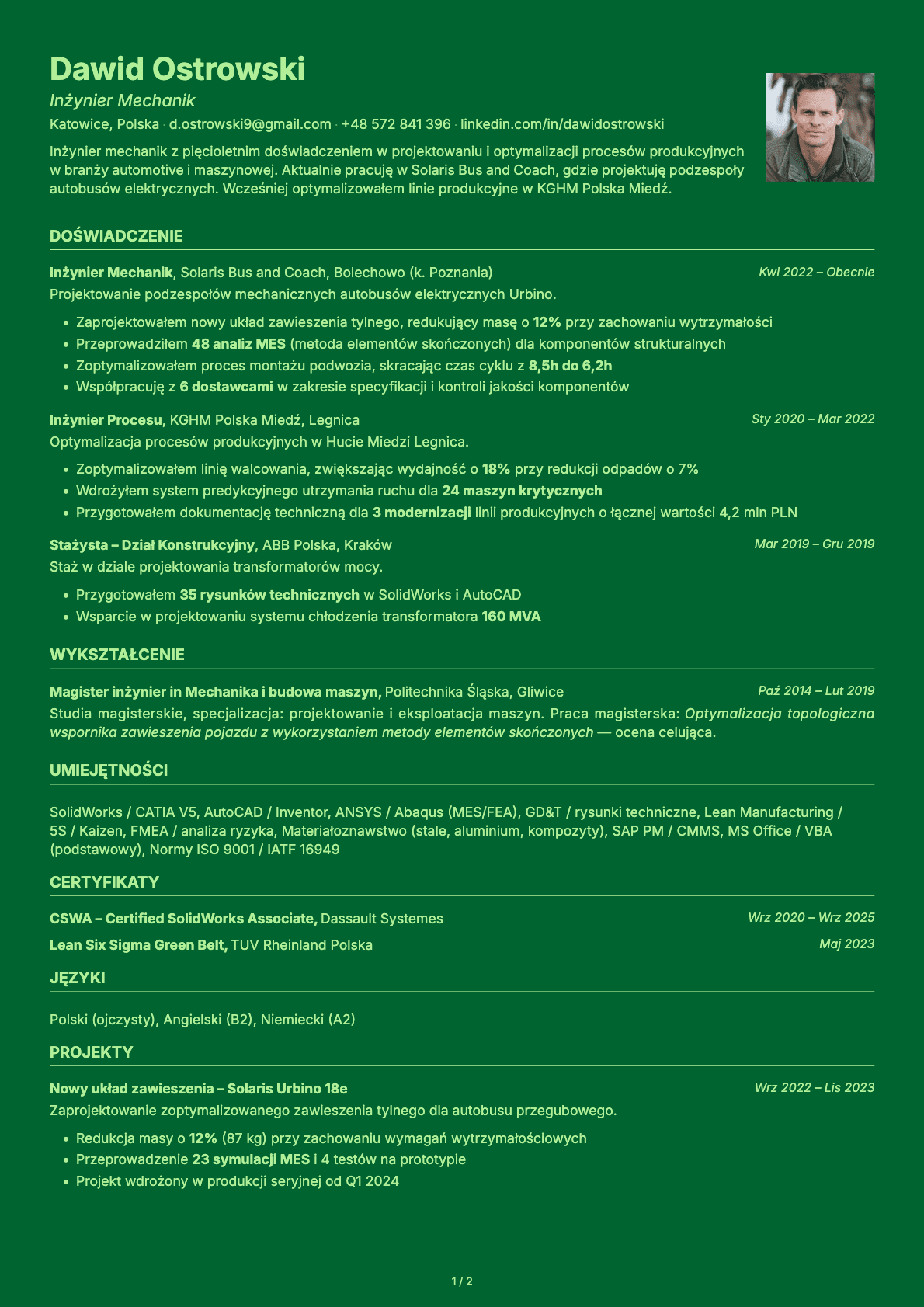 Inżynier Mechanik resume example