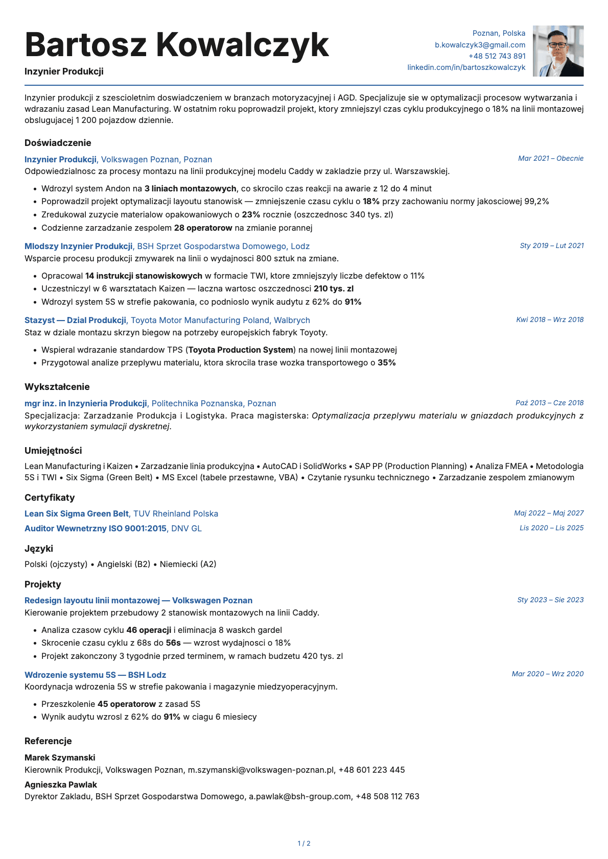 Inżynier Produkcji resume example