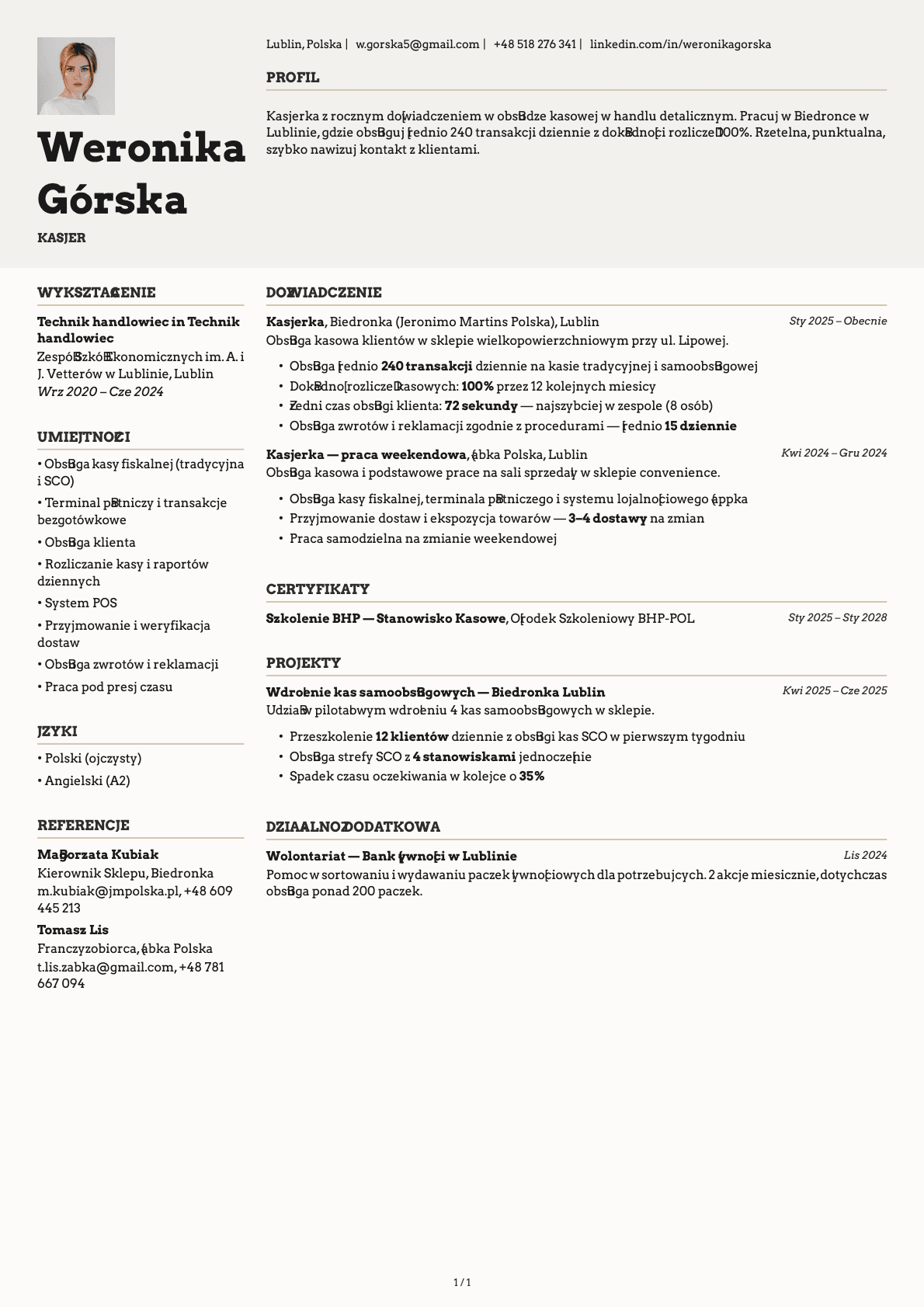 Kasjer resume example