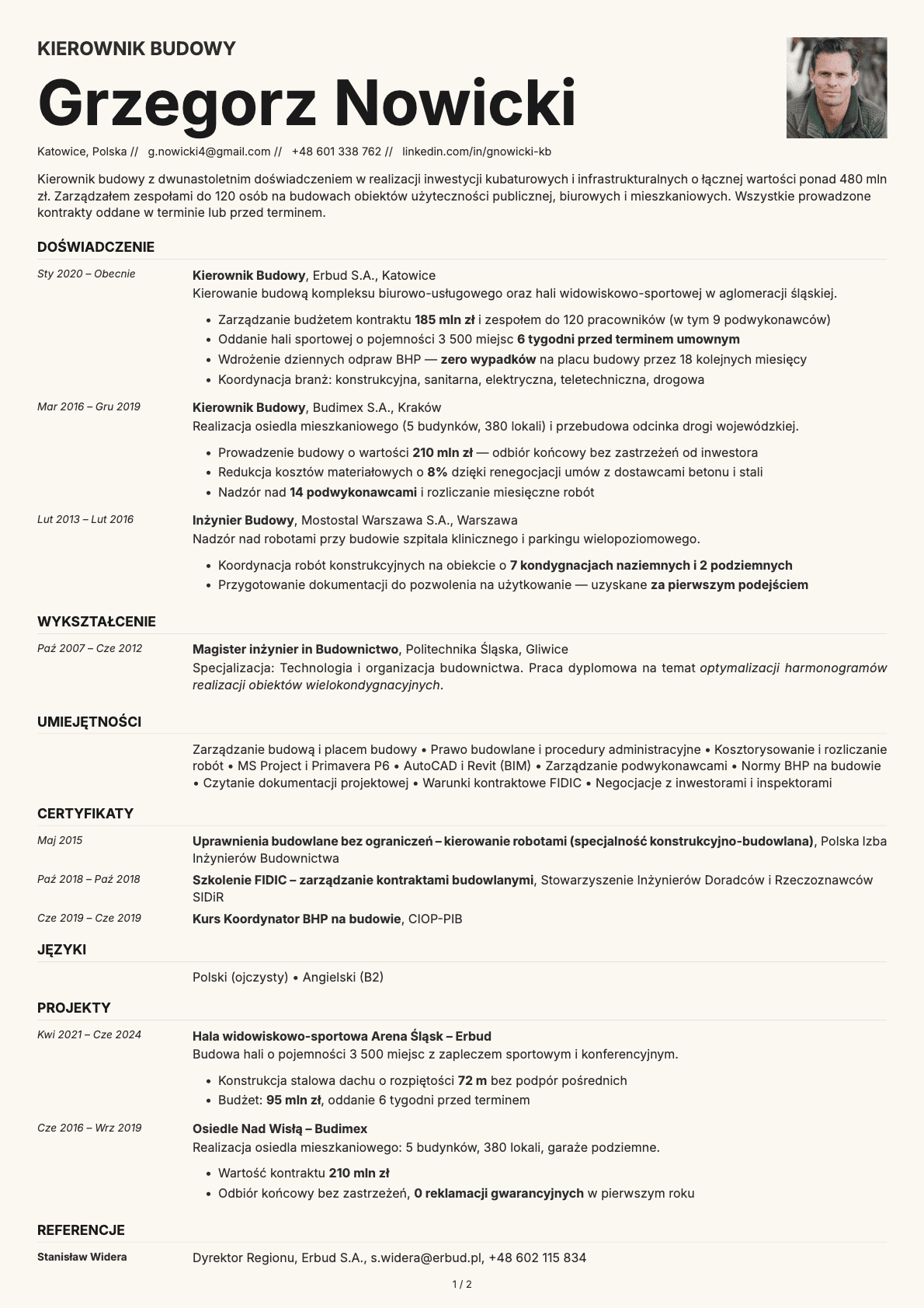 Kierownik Budowy resume example