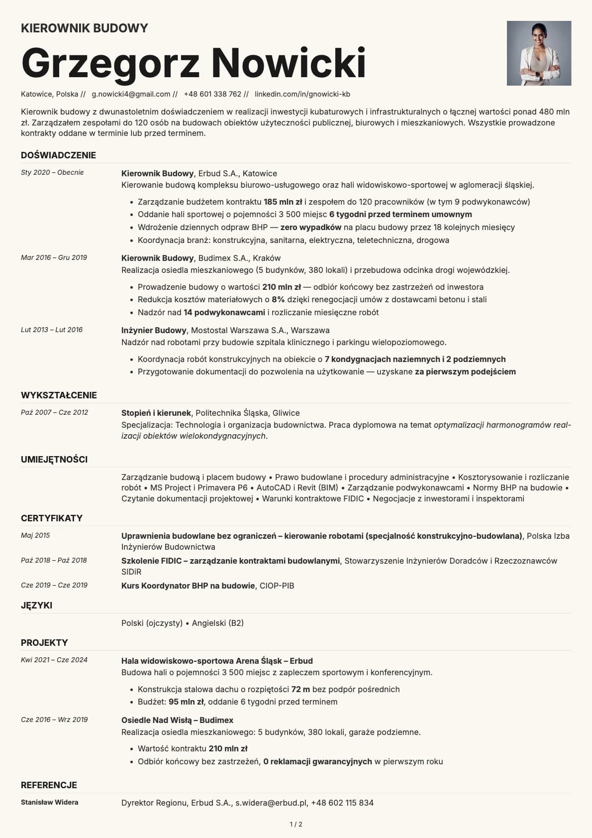 Kierownik Budowy resume example