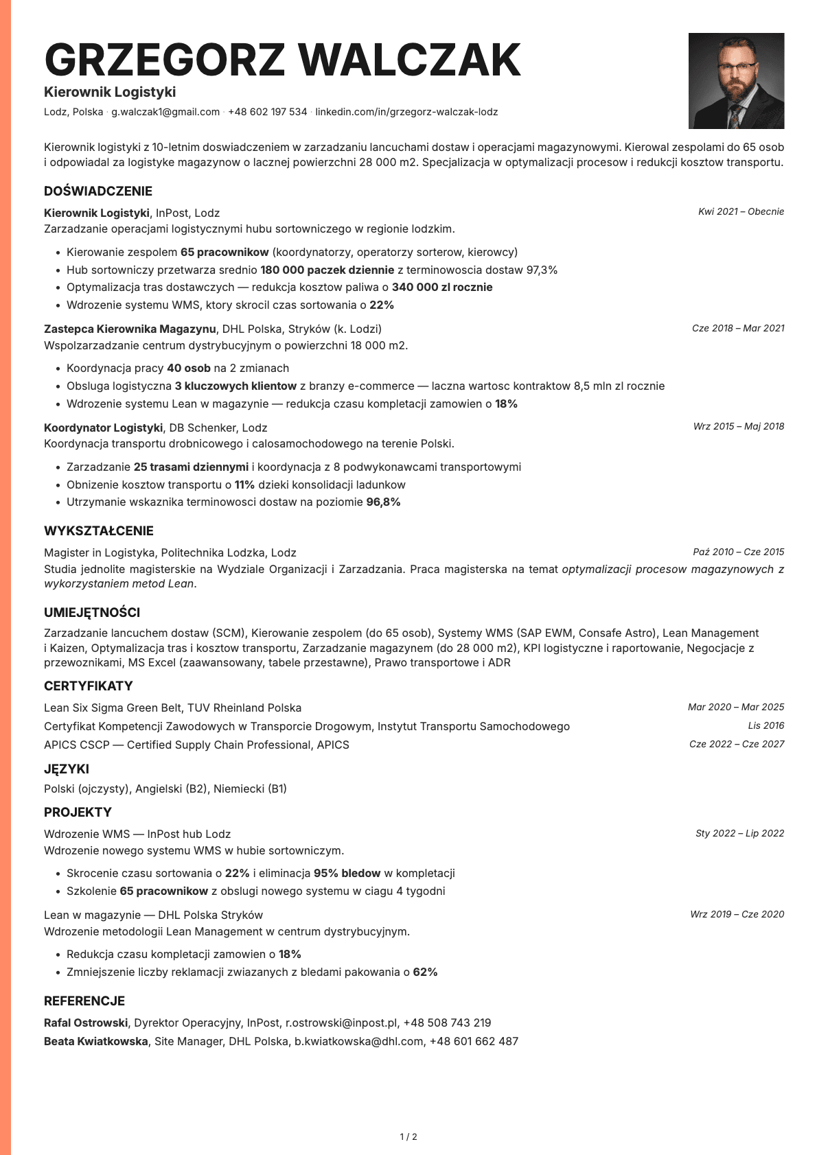 Kierownik Logistyki resume example