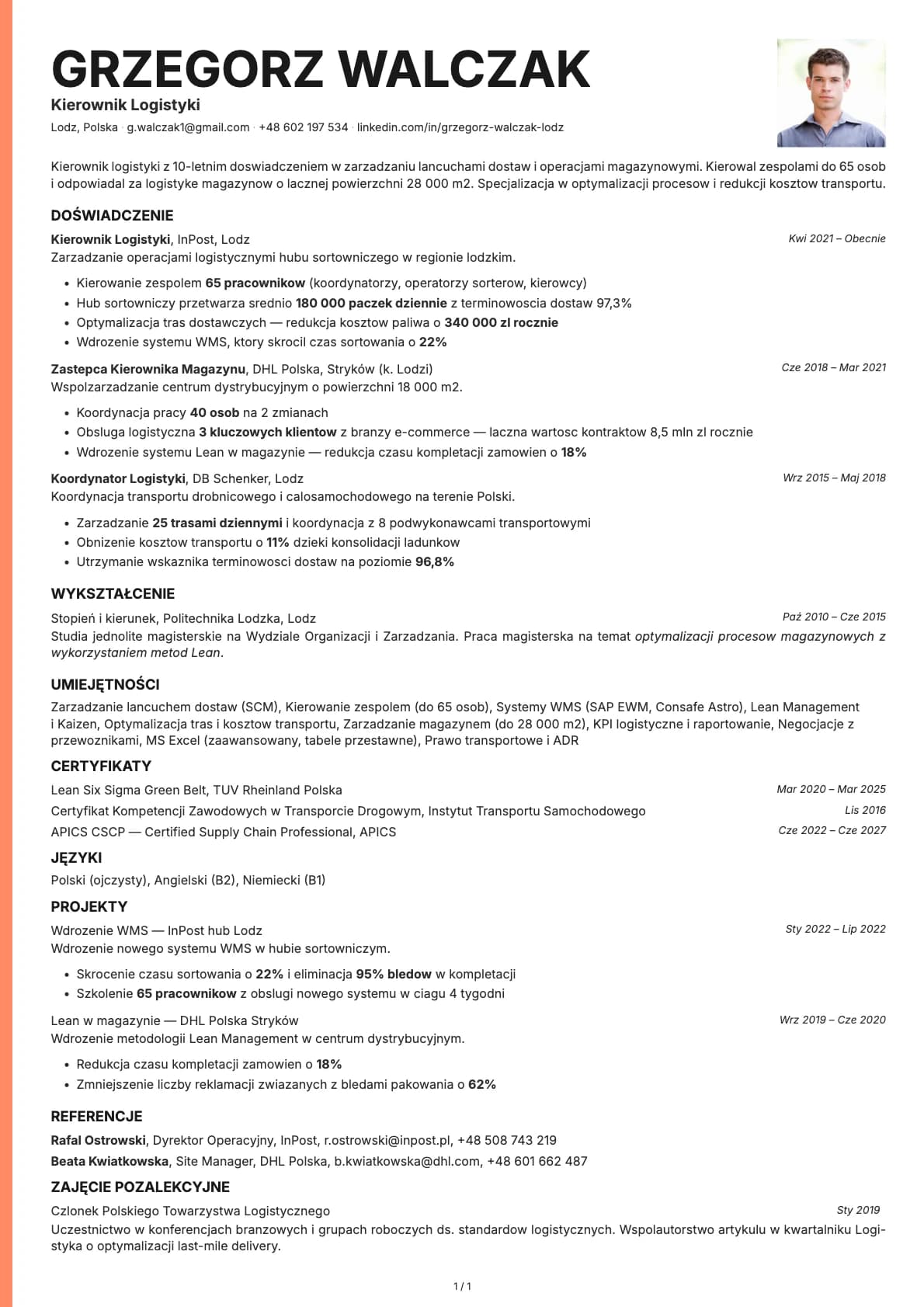 Kierownik Logistyki resume example