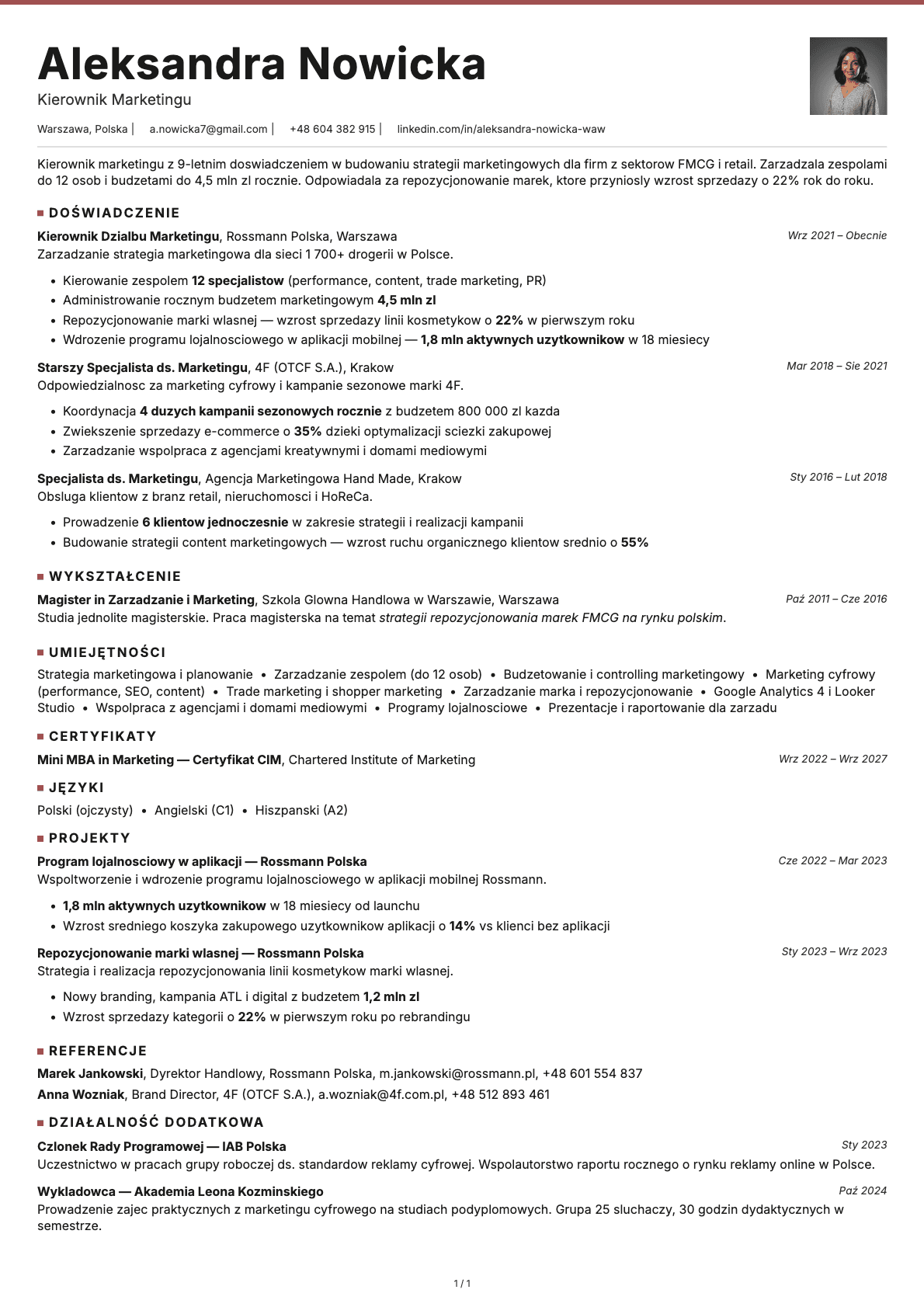 Kierownik Marketingu resume example