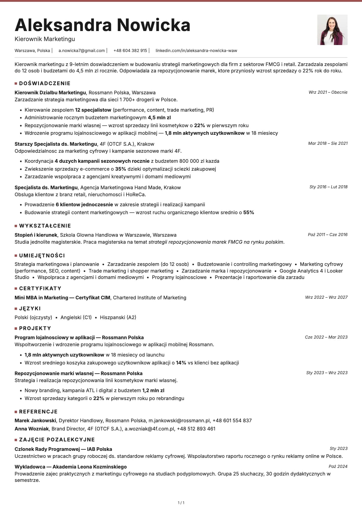 Kierownik Marketingu resume example