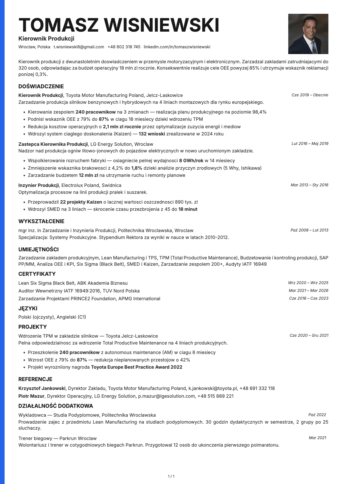 Kierownik Produkcji resume example