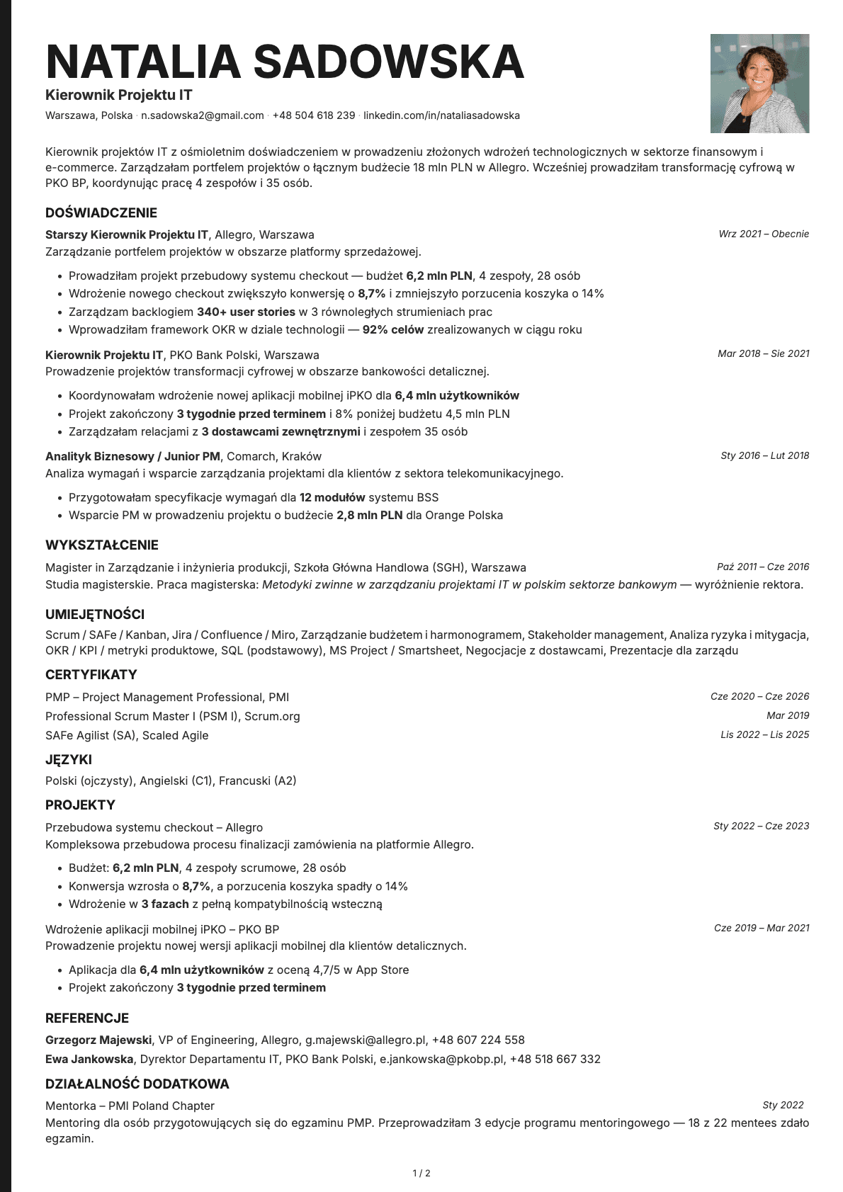 Kierownik Projektu IT resume example