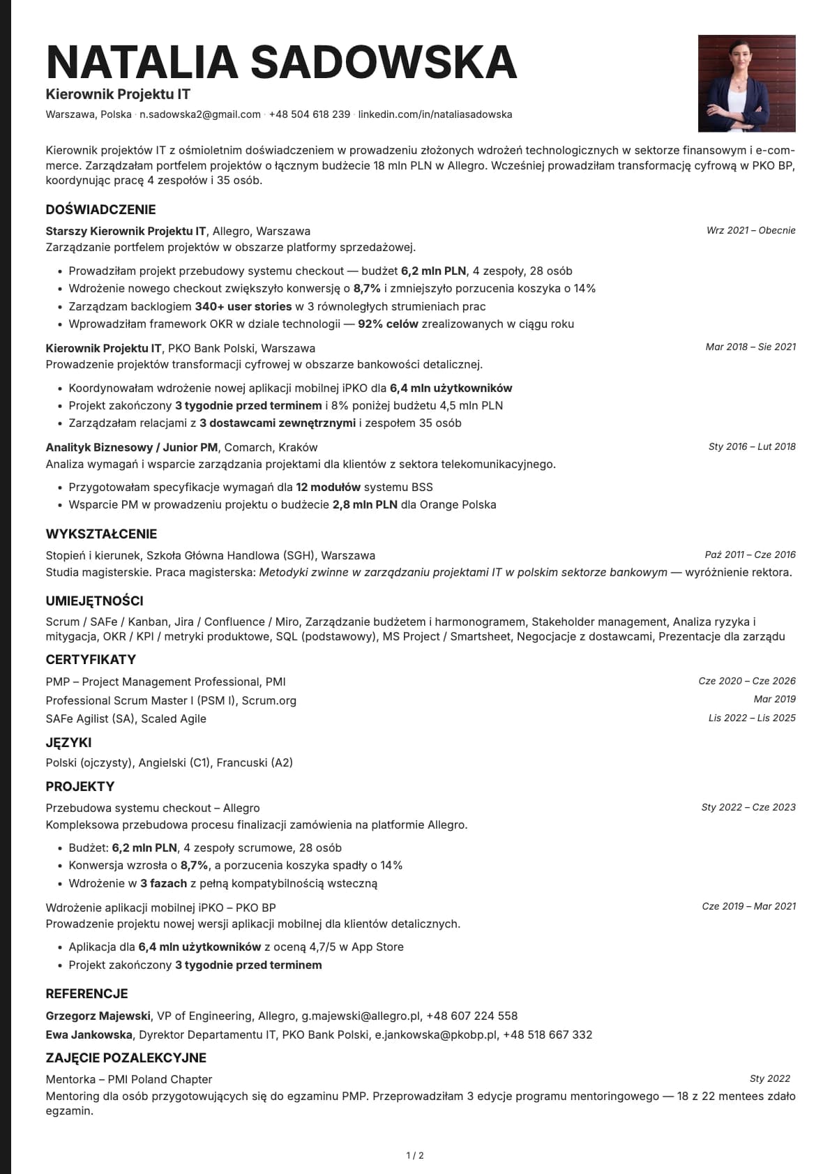 Kierownik Projektu IT resume example