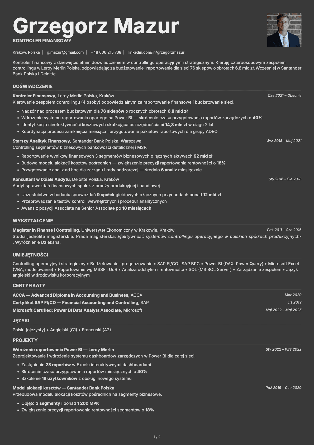 Kontroler Finansowy resume example