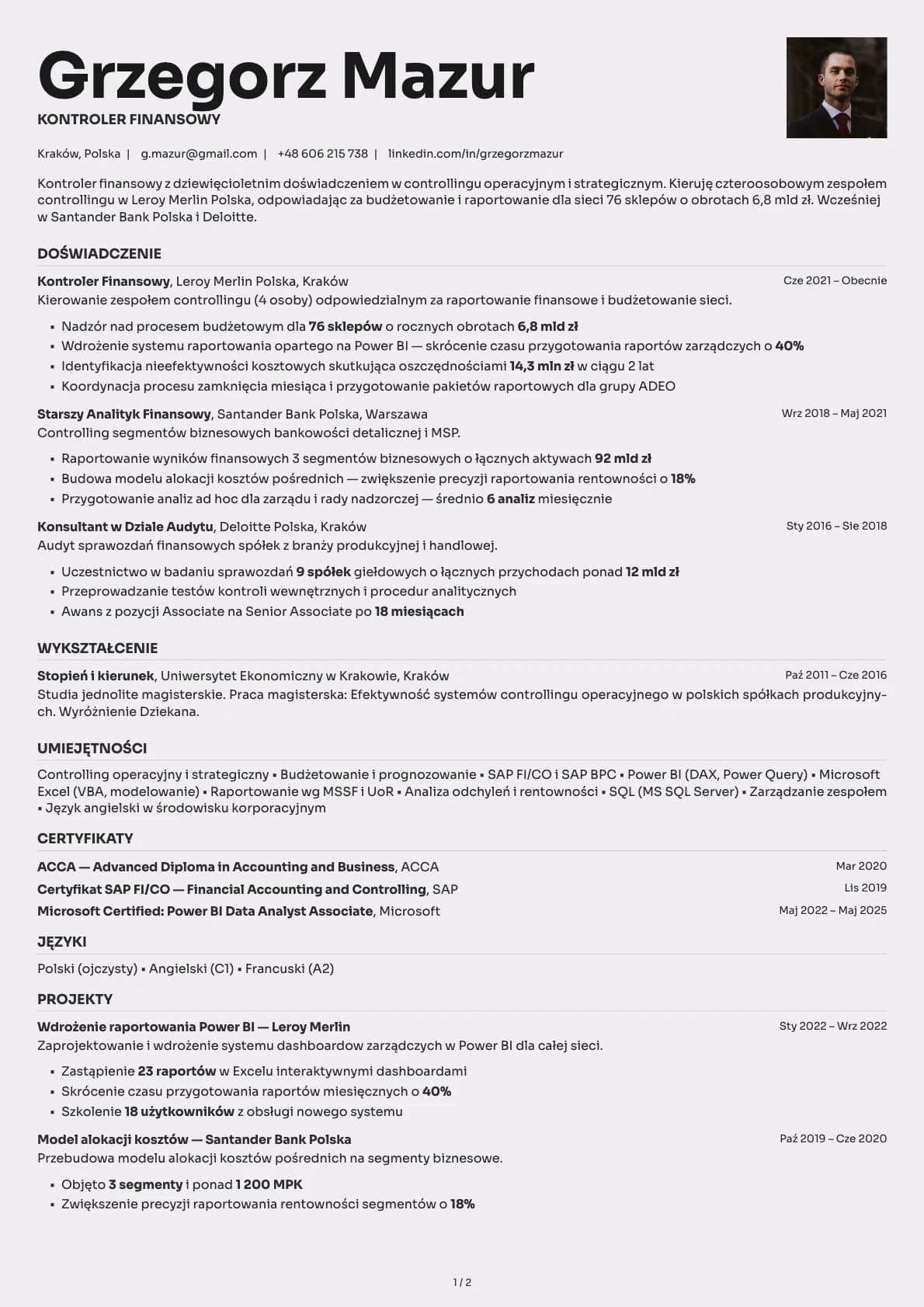 Kontroler Finansowy resume example
