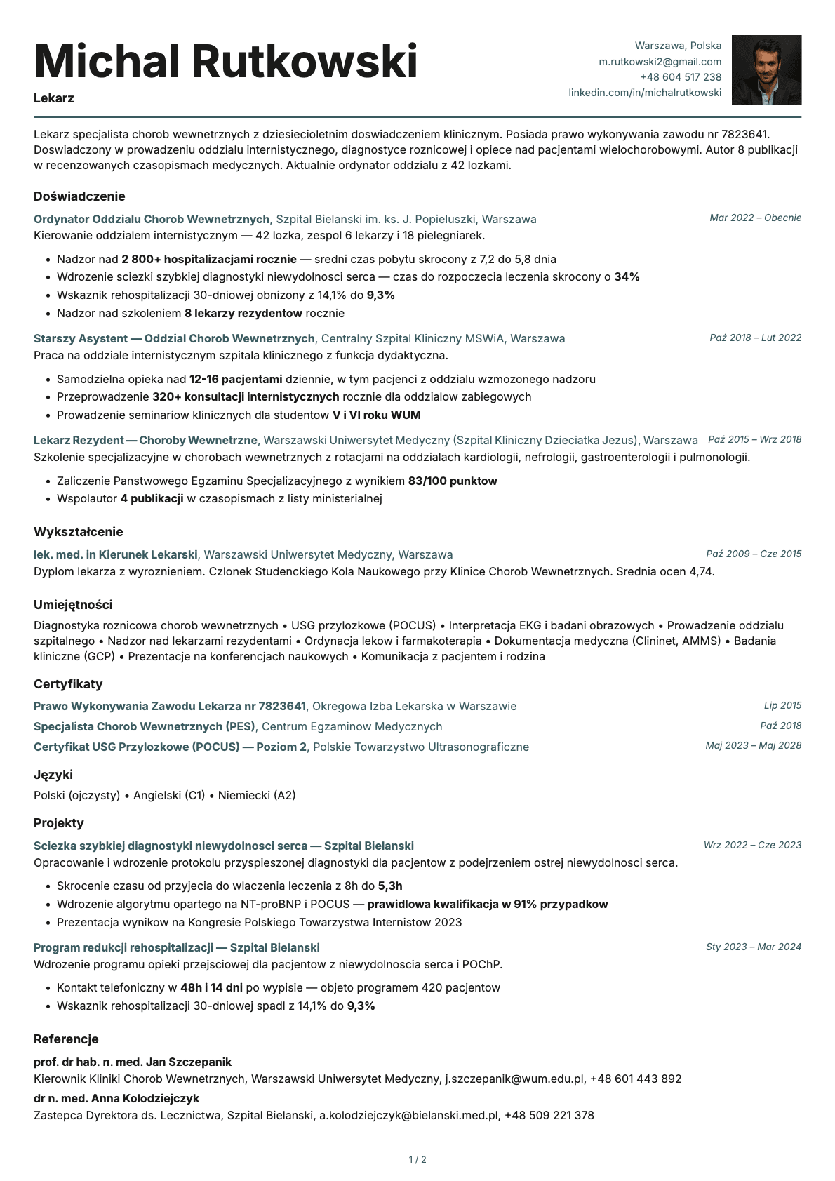Lekarz resume example