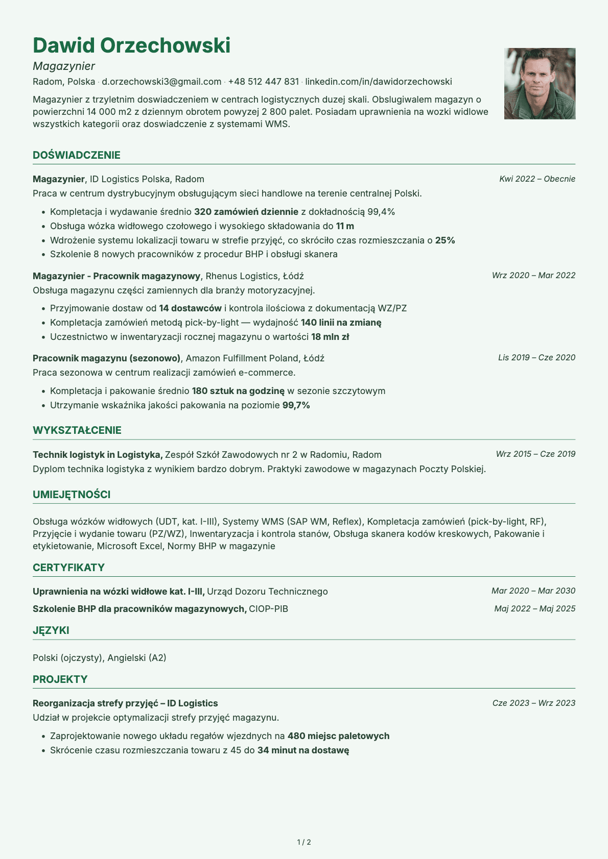 Magazynier resume example