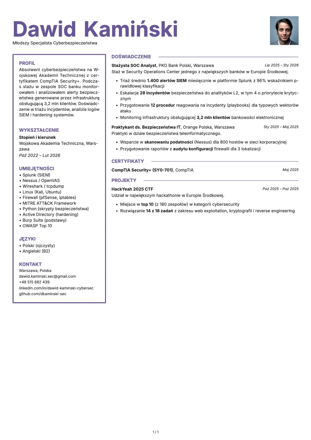 Mlodszy Specjalista Cyberbezpieczenstwa resume example