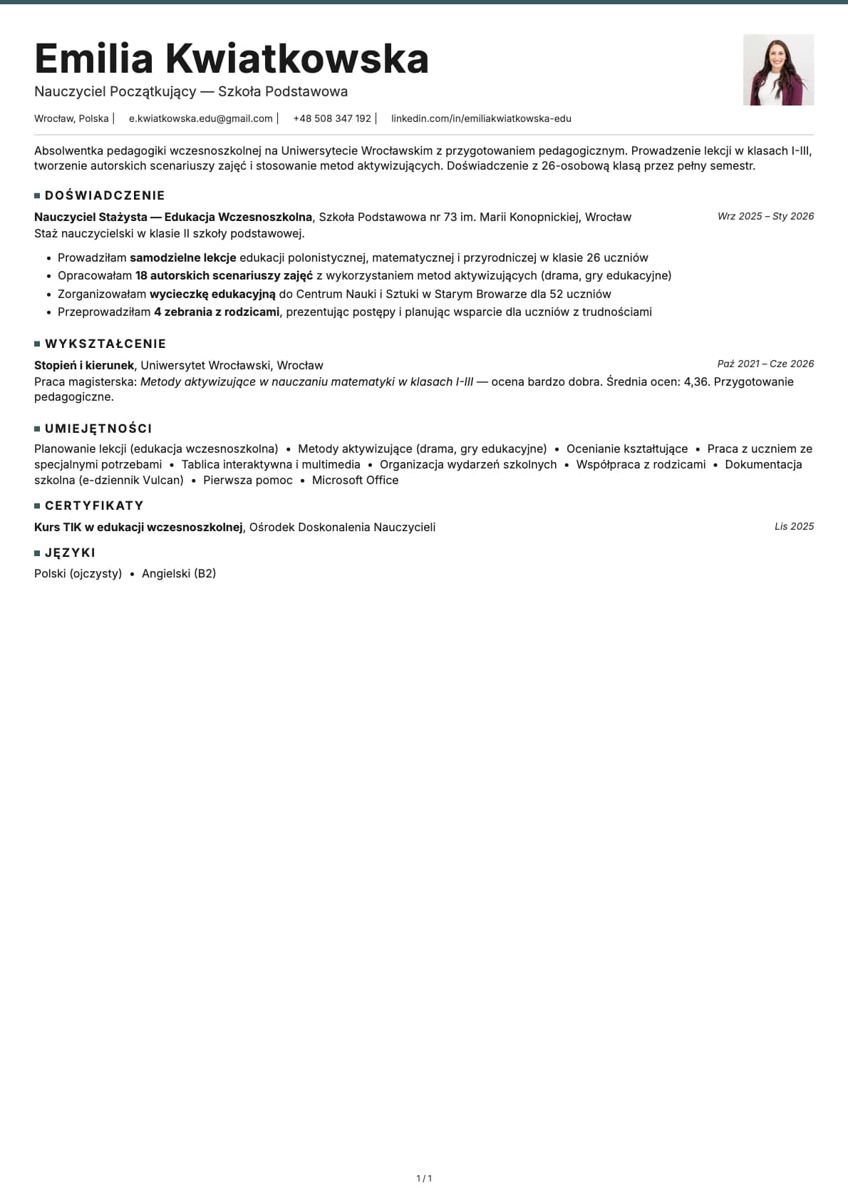 Nauczyciel Poczatkujacy Szkola Podstawowa resume example