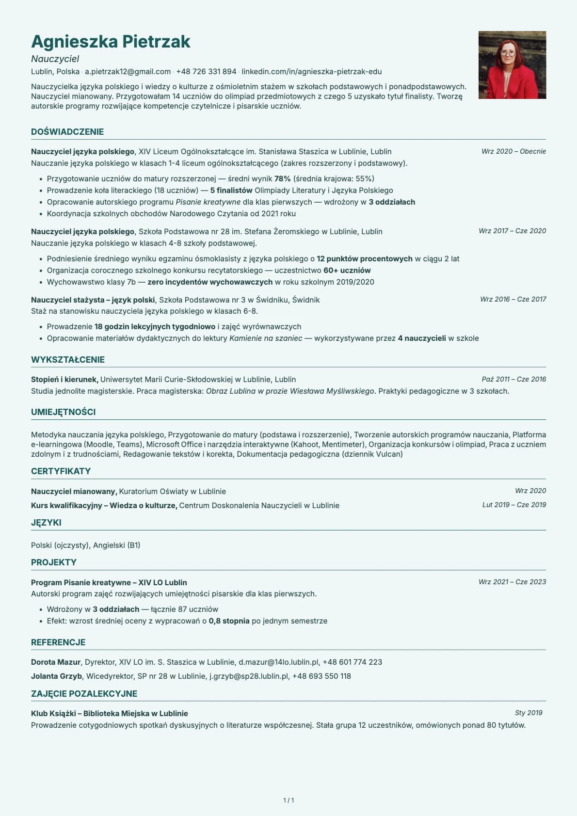 Nauczyciel resume example