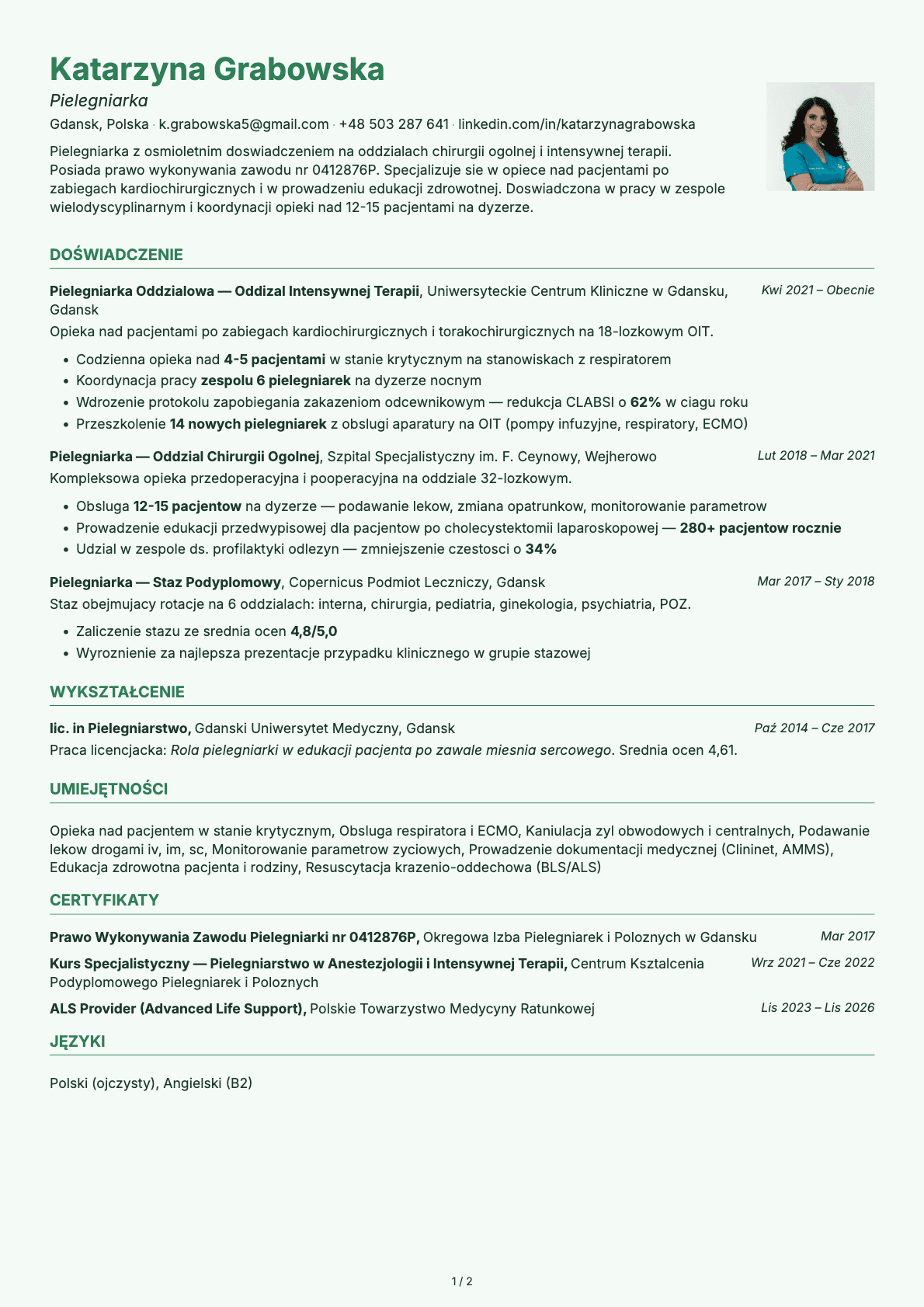 Pielęgniarka resume example