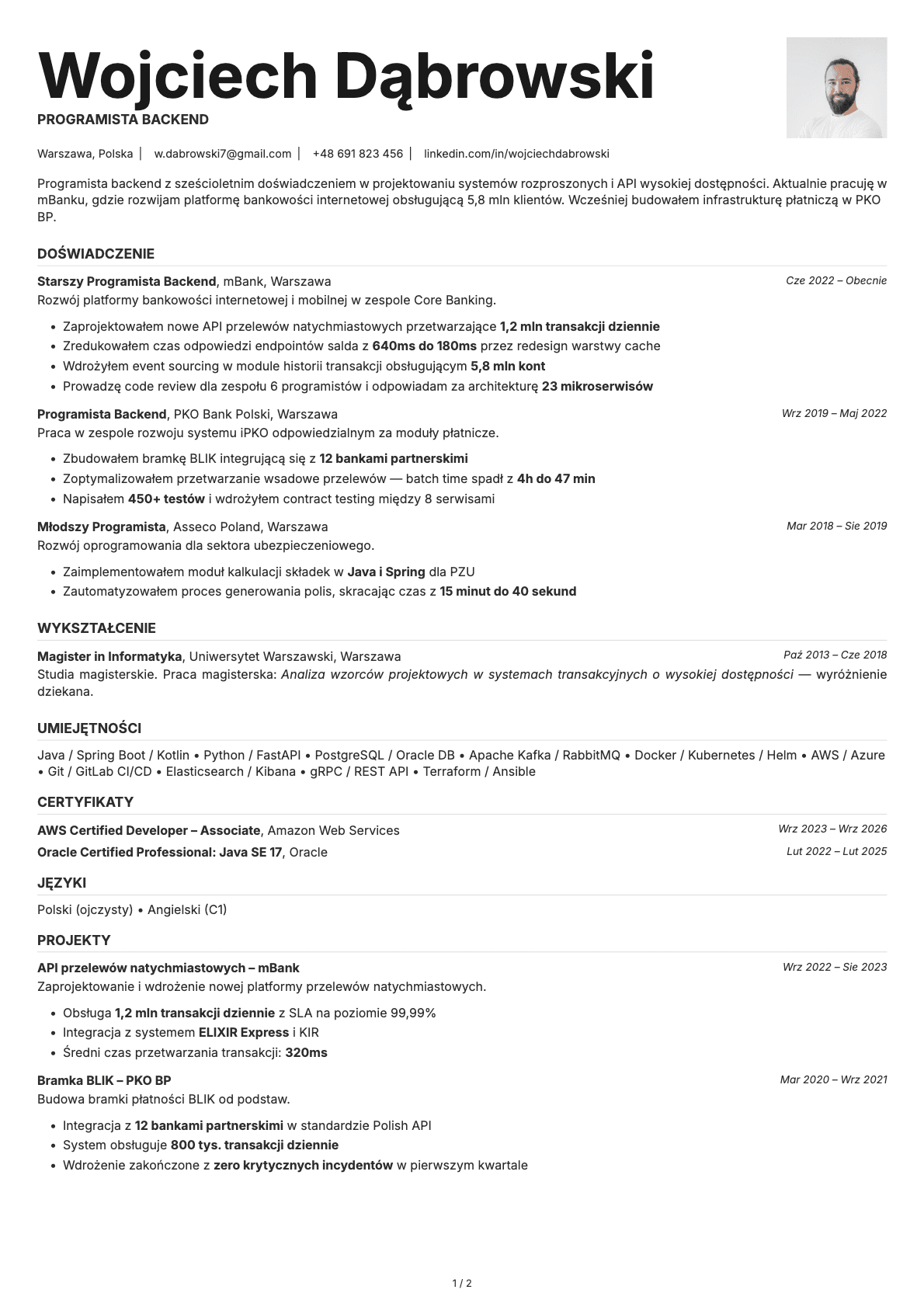 Programista Backend resume example