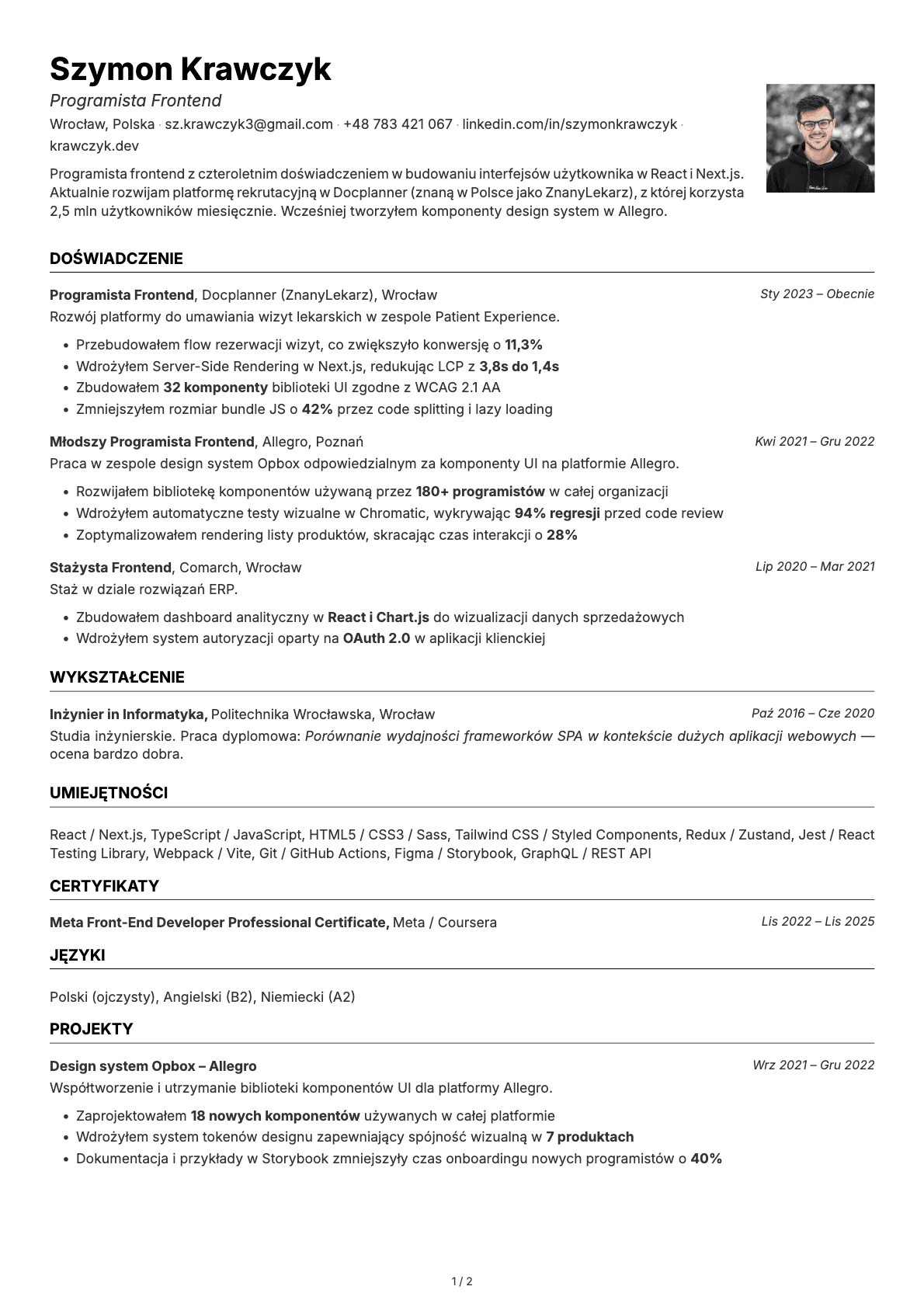 Programista Frontend resume example