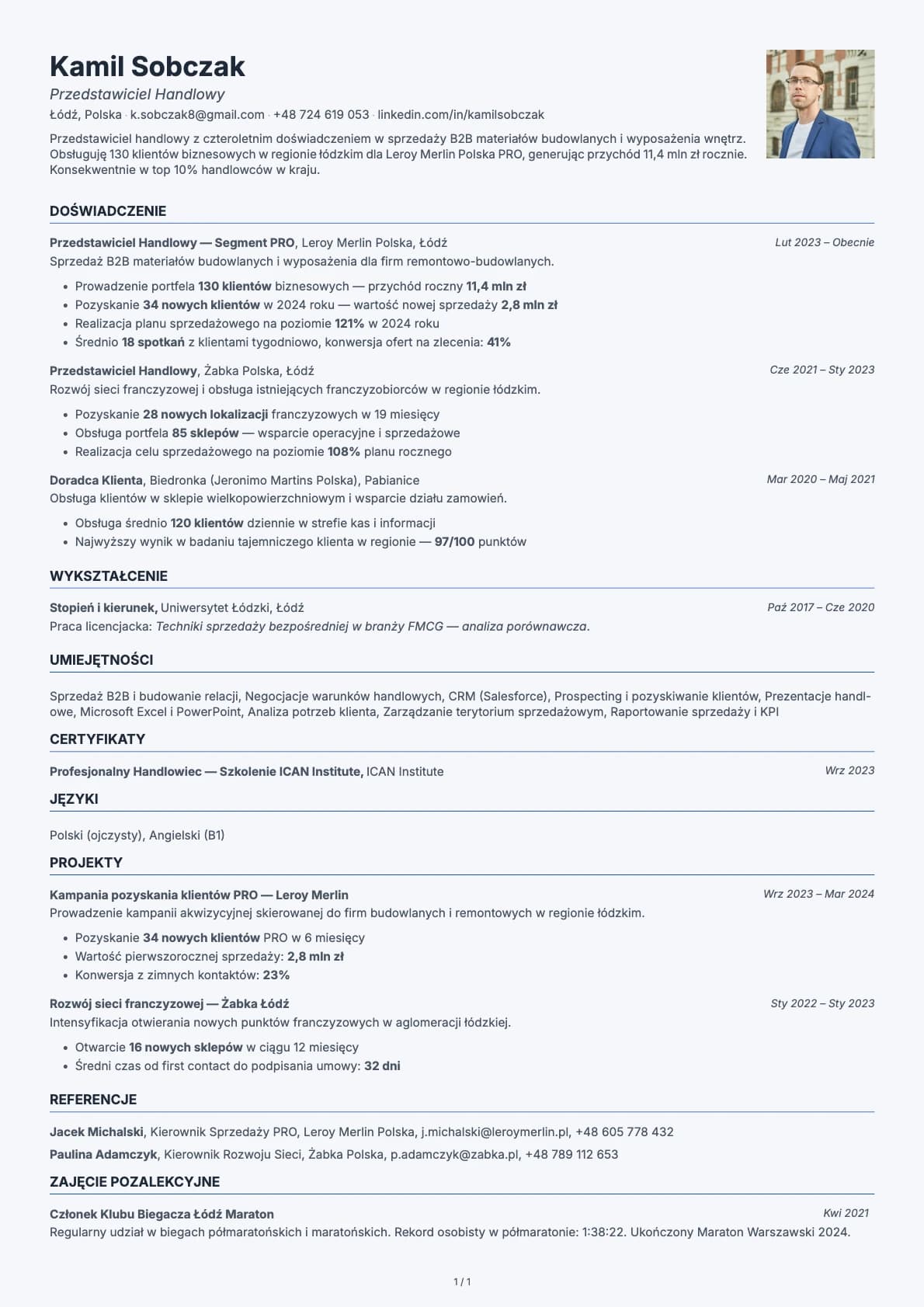 Przedstawiciel Handlowy resume example