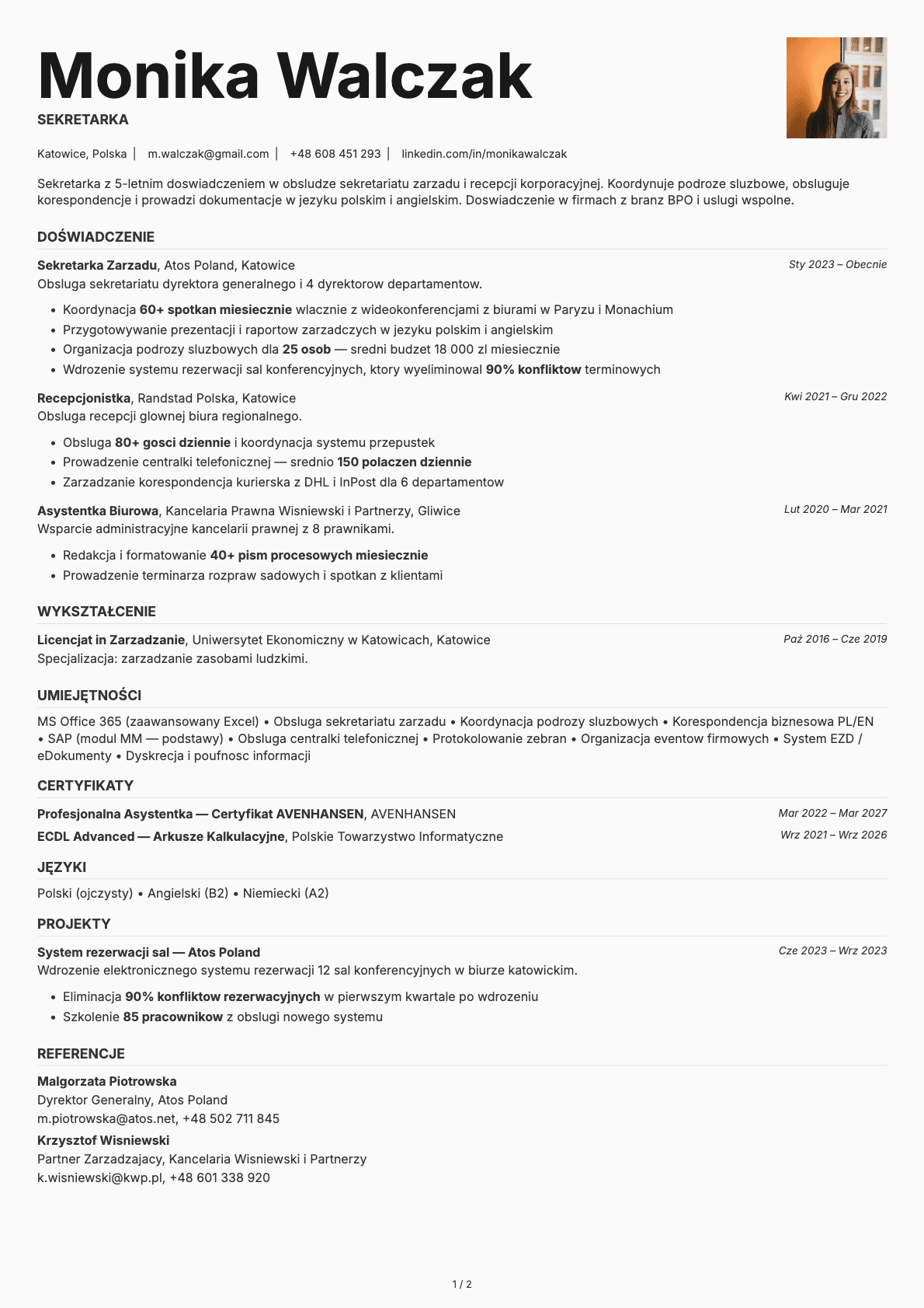 Sekretarka resume example