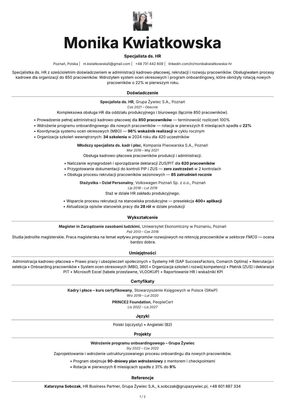 Specjalista ds. HR resume example