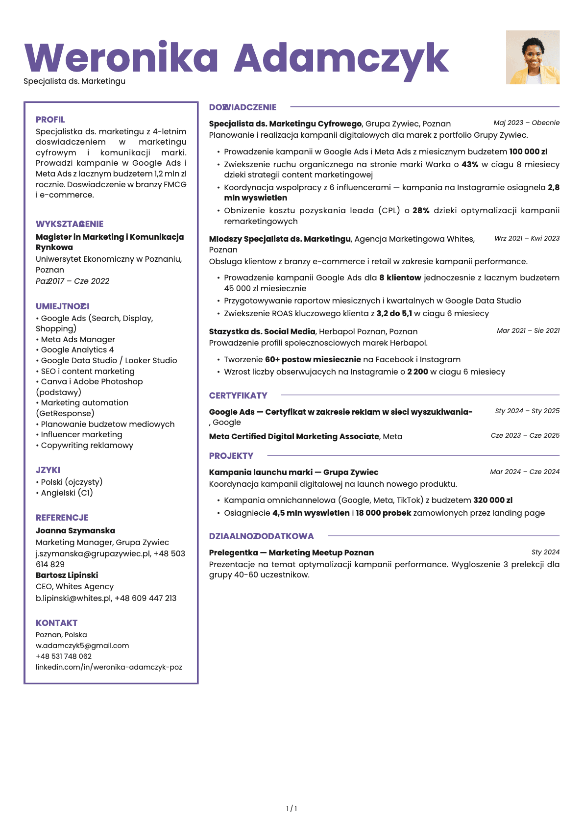 Specjalista ds. Marketingu resume example