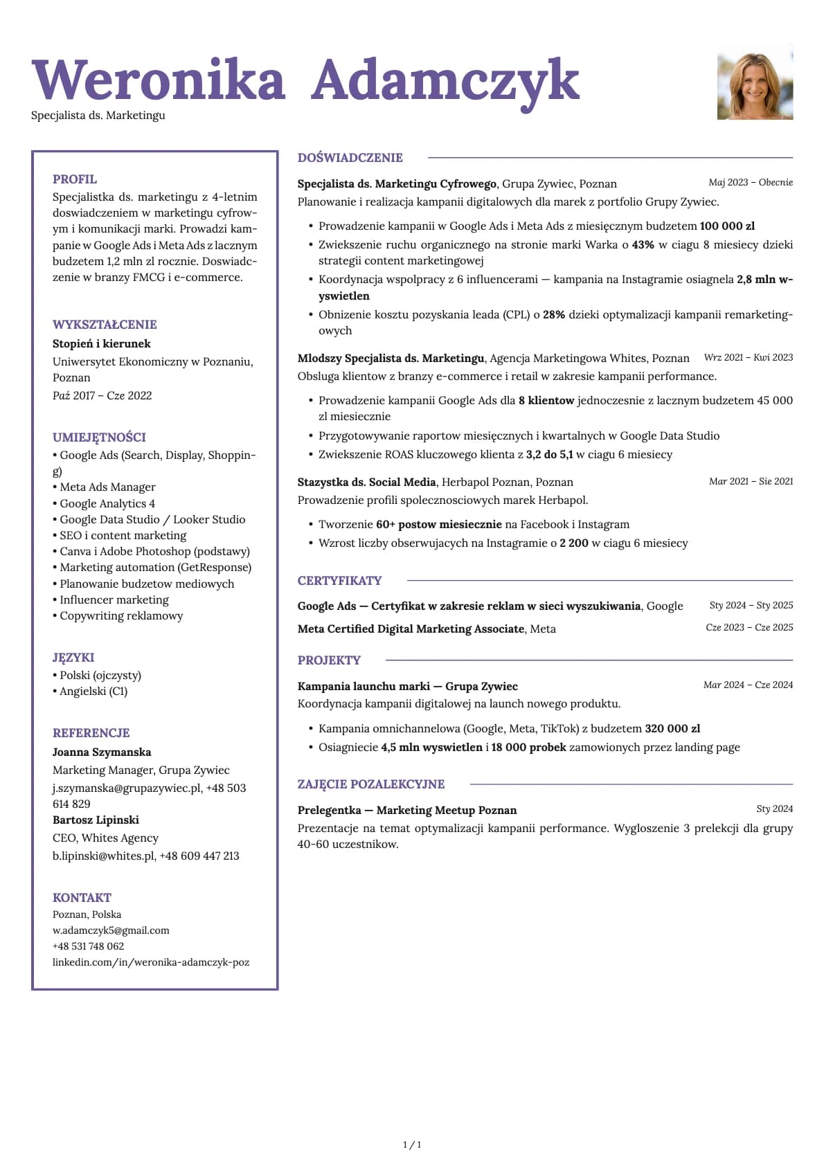 Specjalista ds. Marketingu resume example