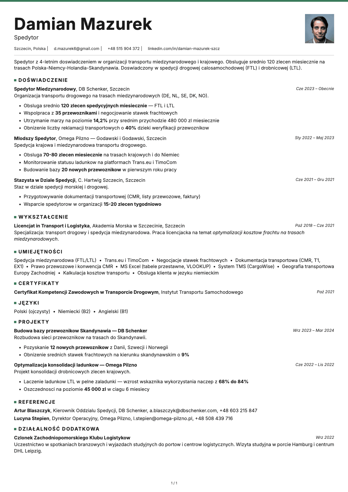 Spedytor resume example