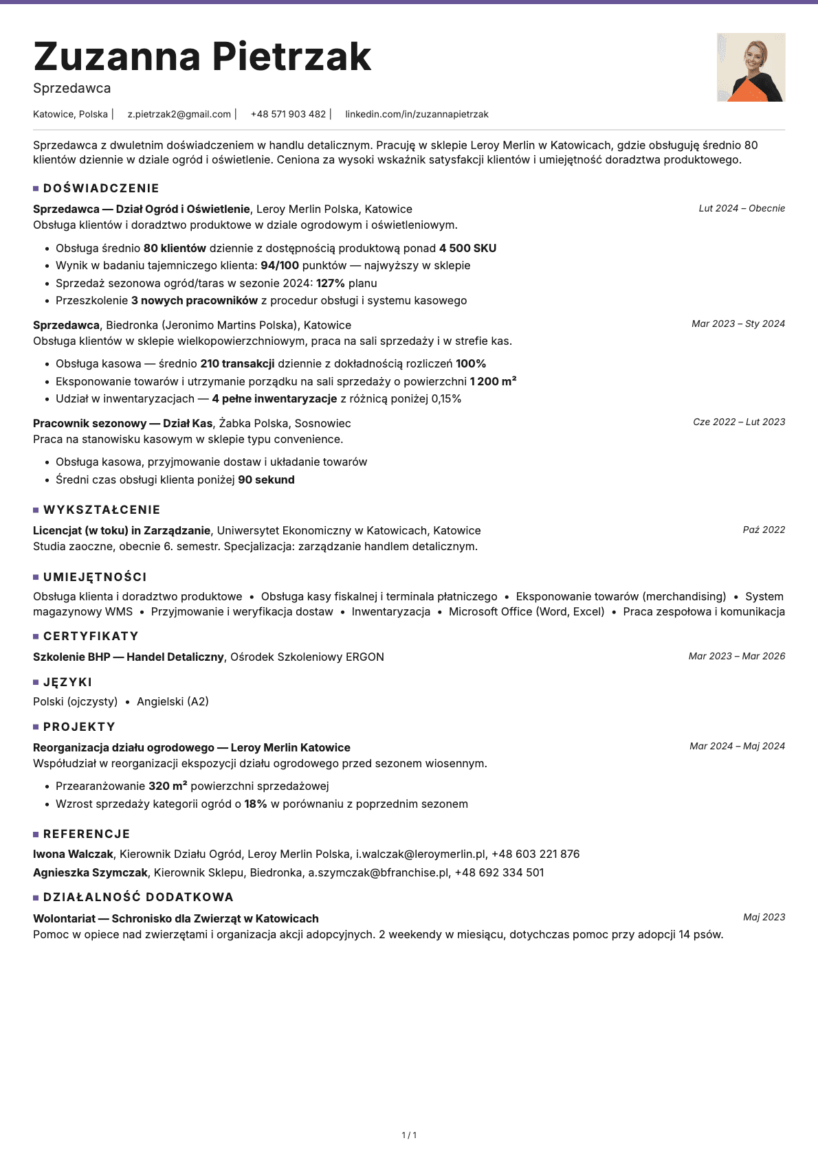 Sprzedawca resume example