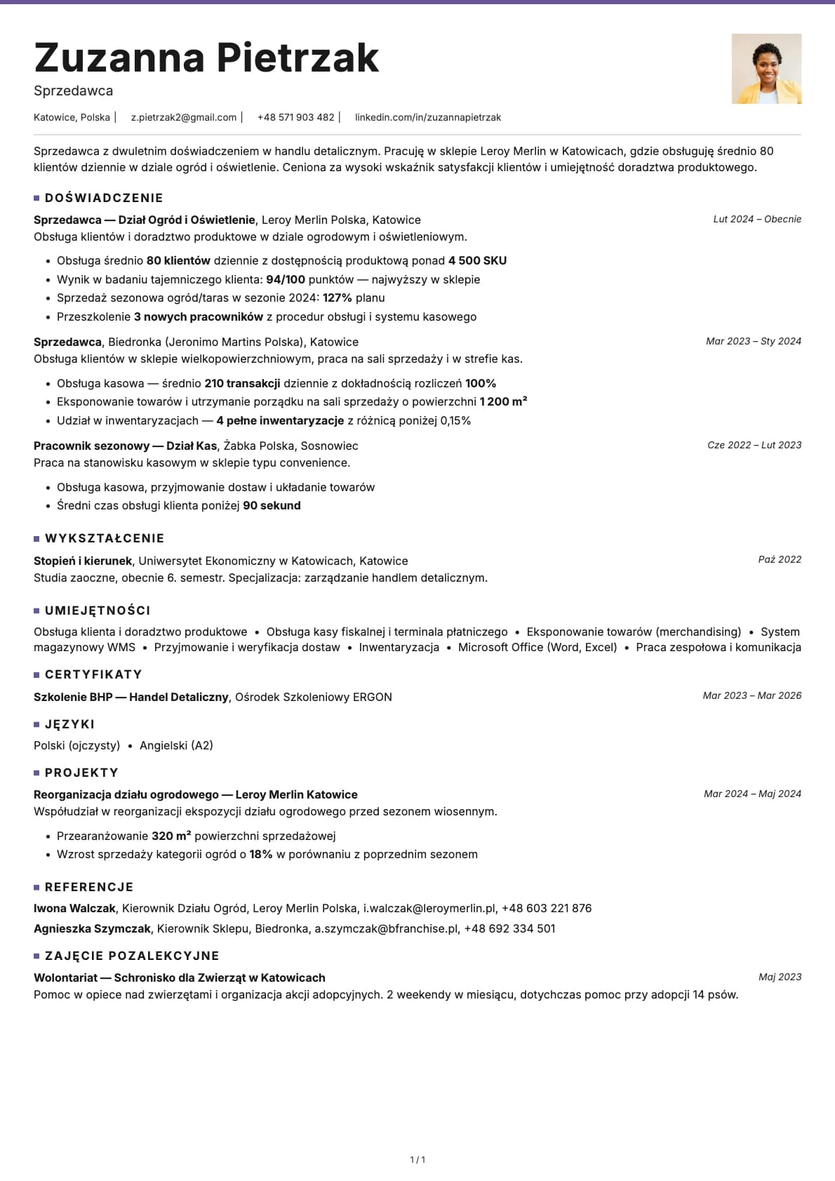 Sprzedawca resume example