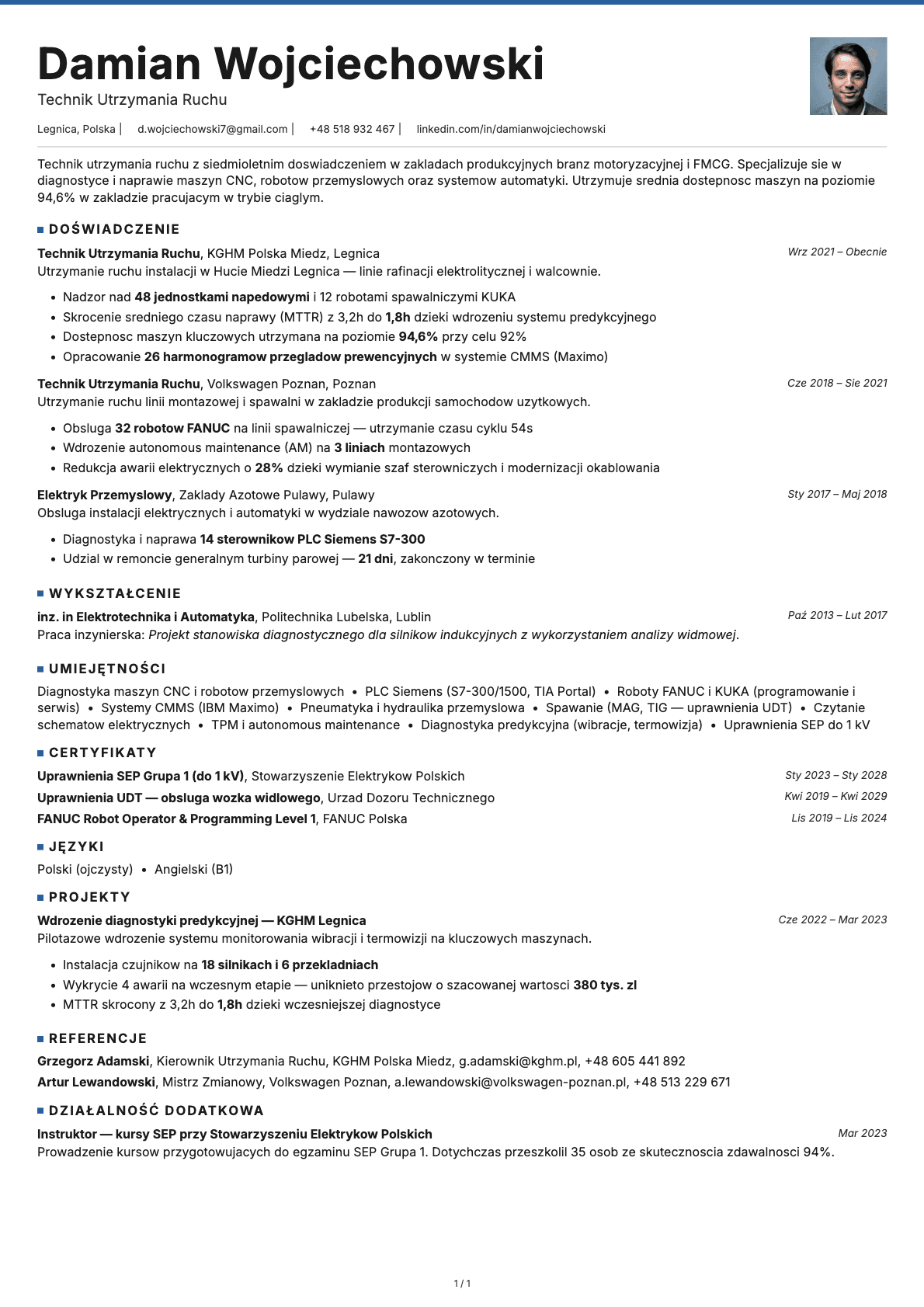 Technik Utrzymania Ruchu resume example