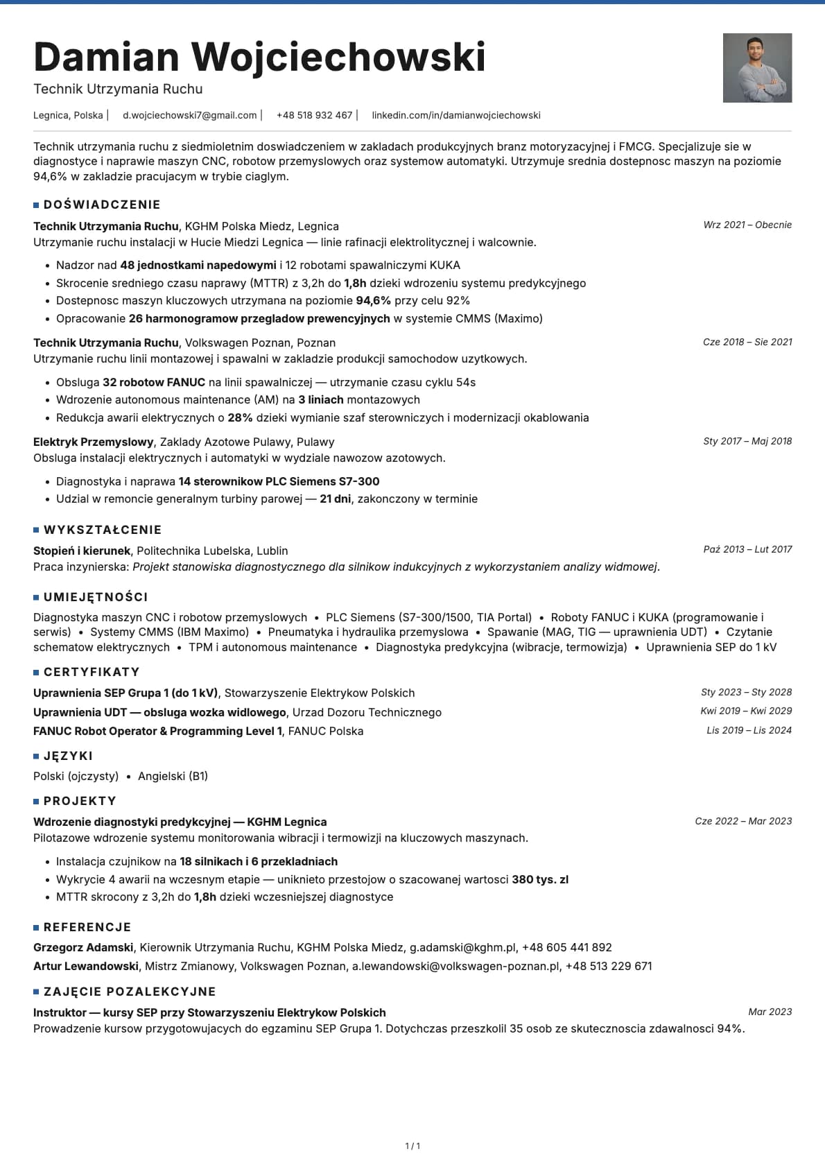 Technik Utrzymania Ruchu resume example