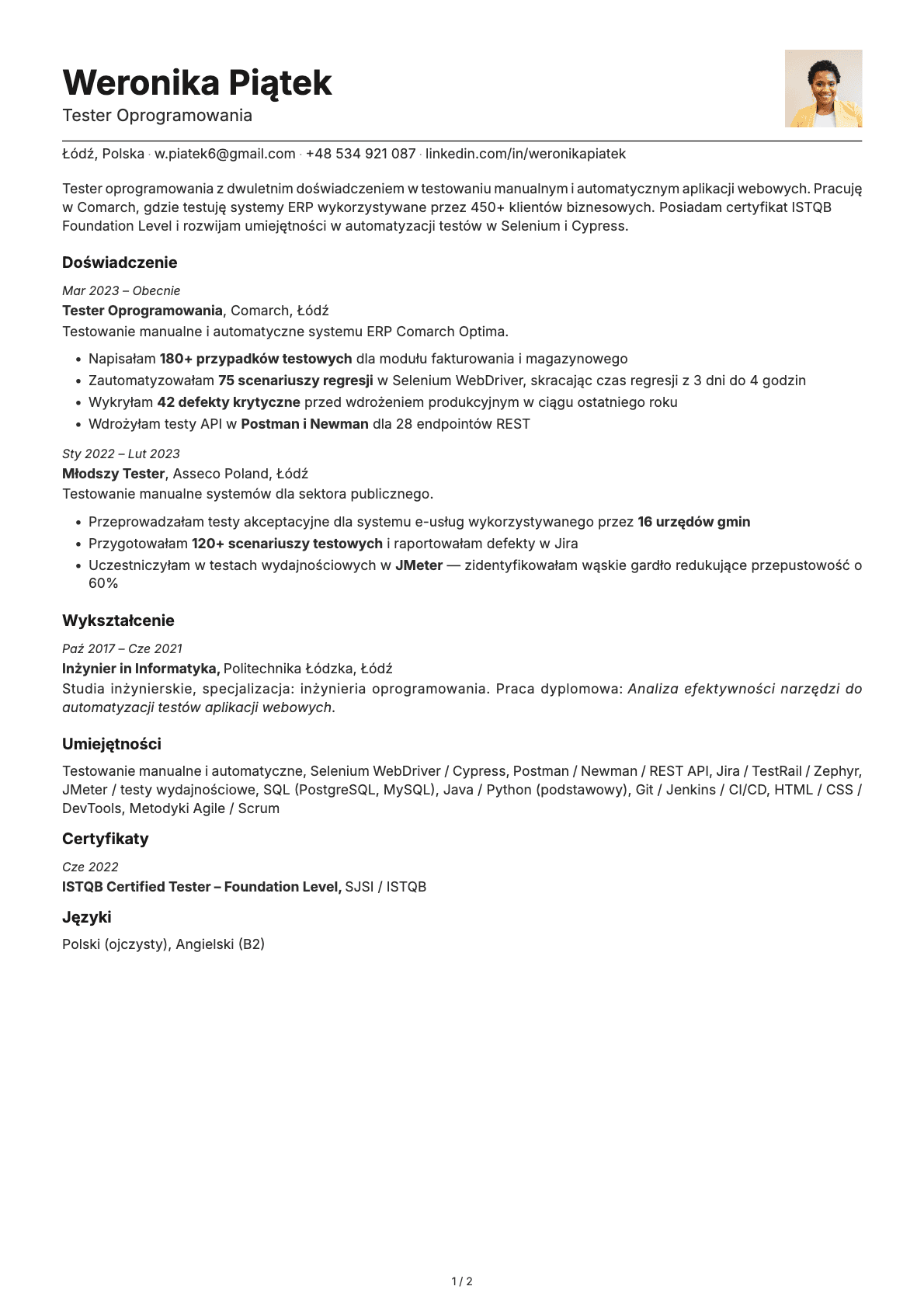 Tester Oprogramowania resume example