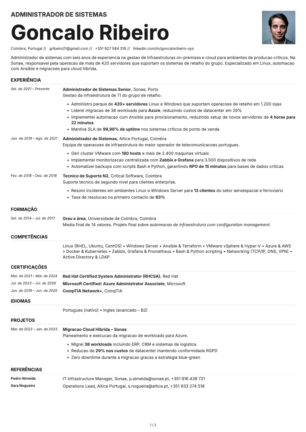 Administrador de Sistemas resume example