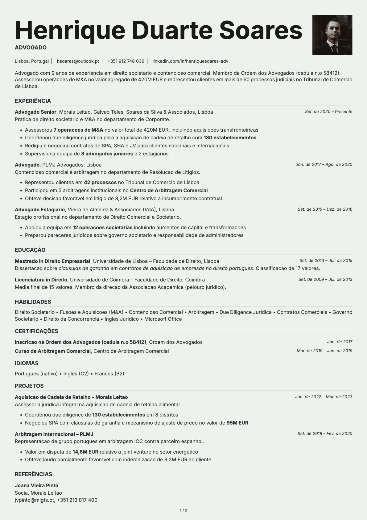 Advogado resume example