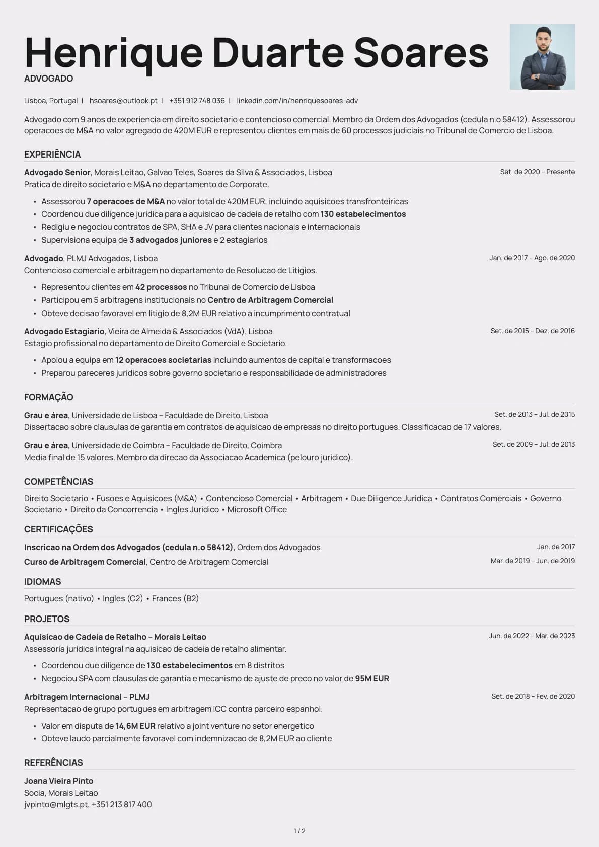 Advogado resume example
