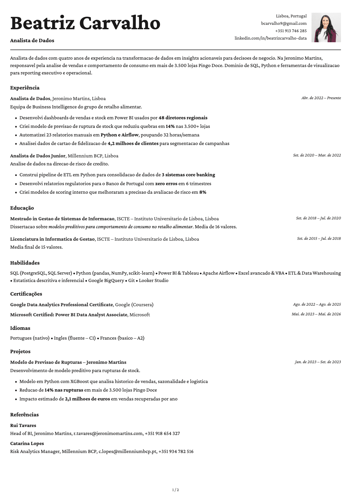 Analista de Dados resume example