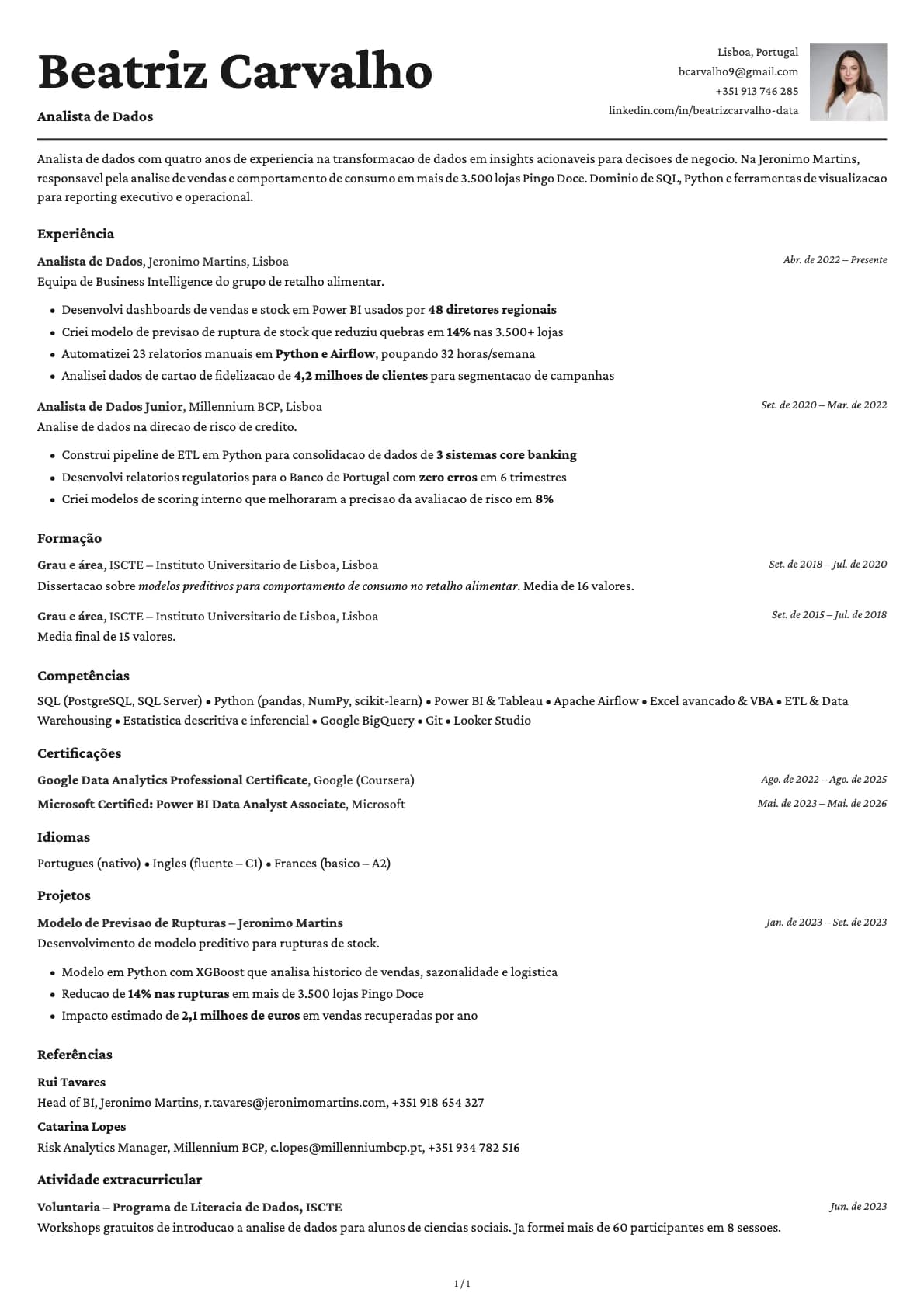 Analista de Dados resume example