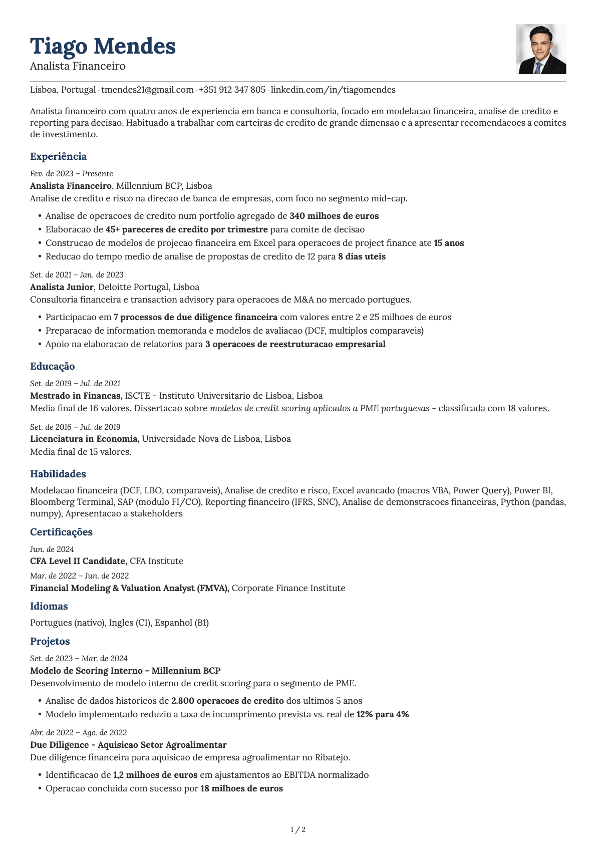 Analista Financeiro resume example