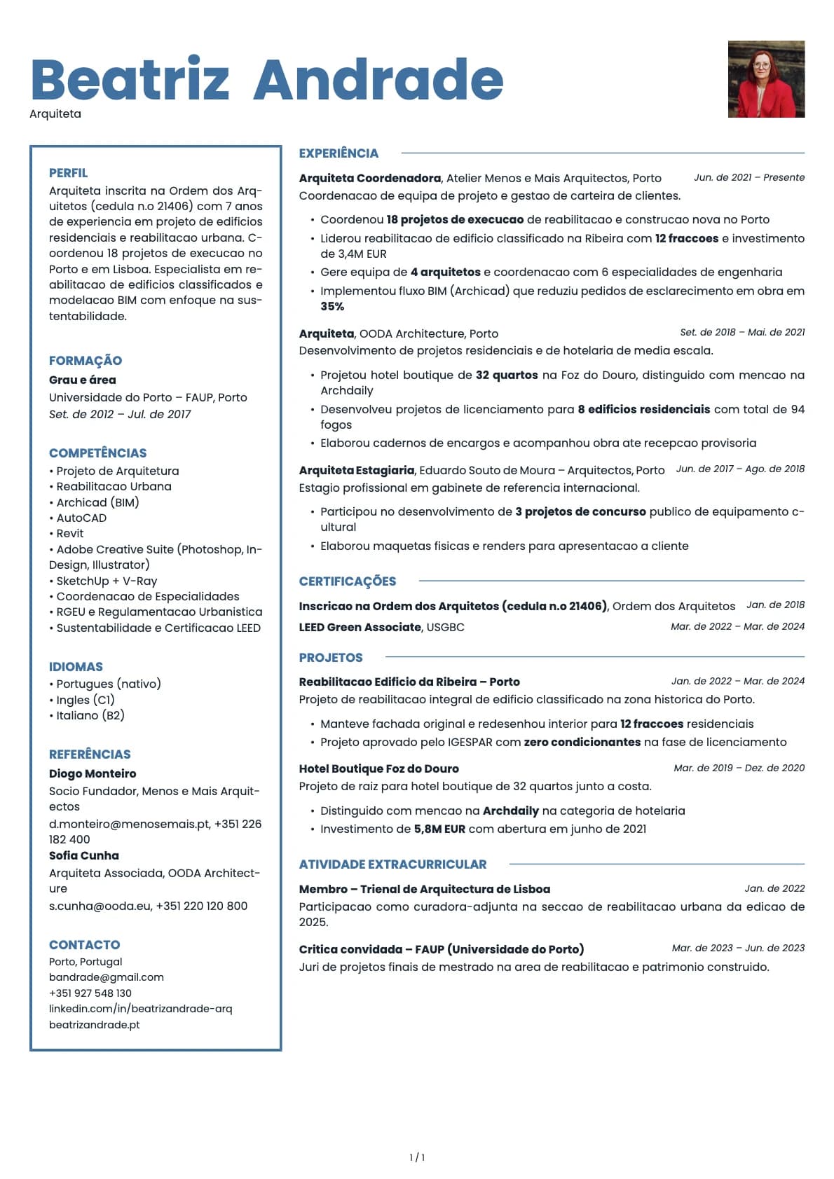 Arquiteto resume example