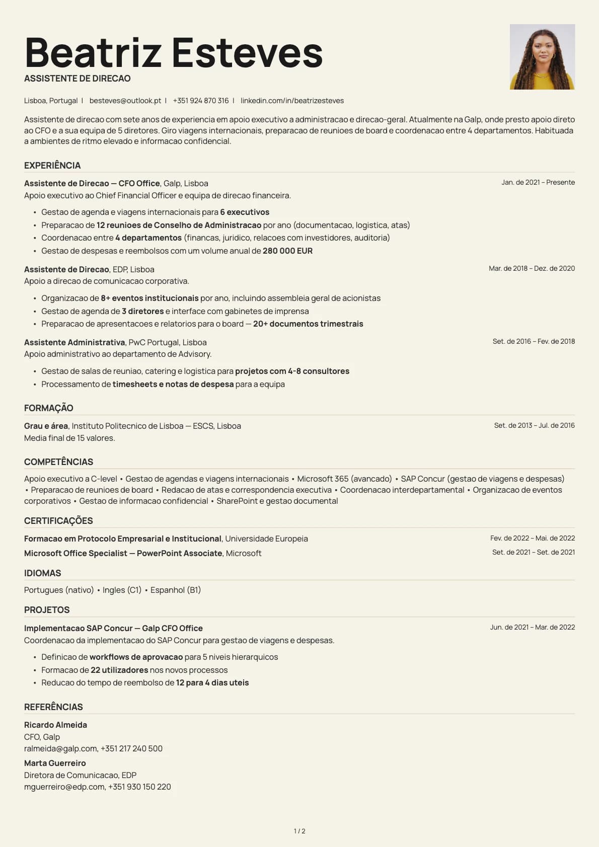 Assistente de Direção resume example
