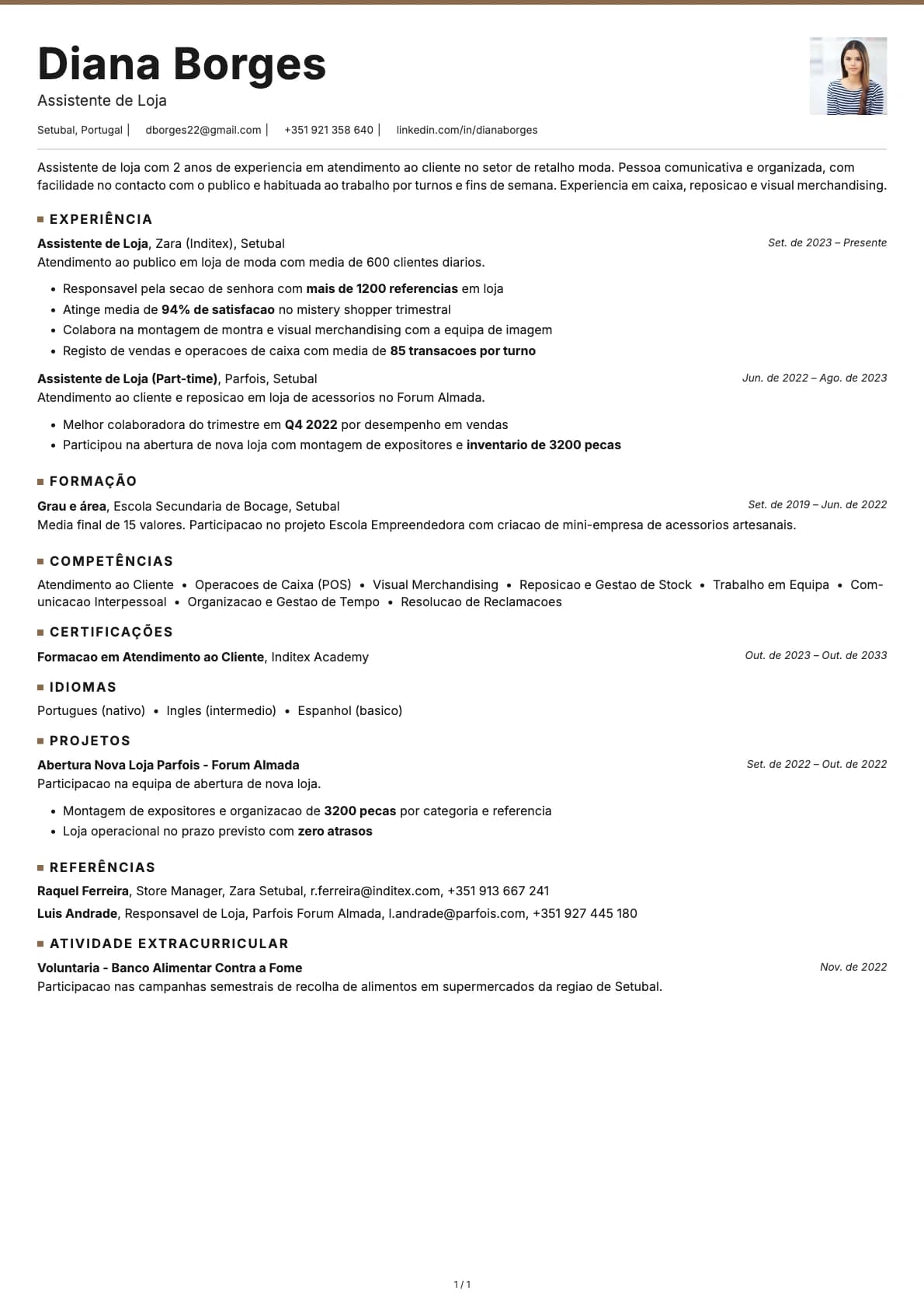 Assistente de Loja resume example