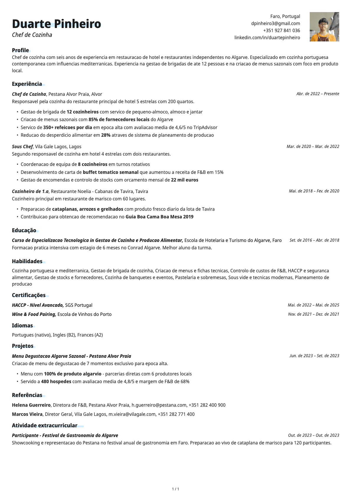 Chef de Cozinha resume example