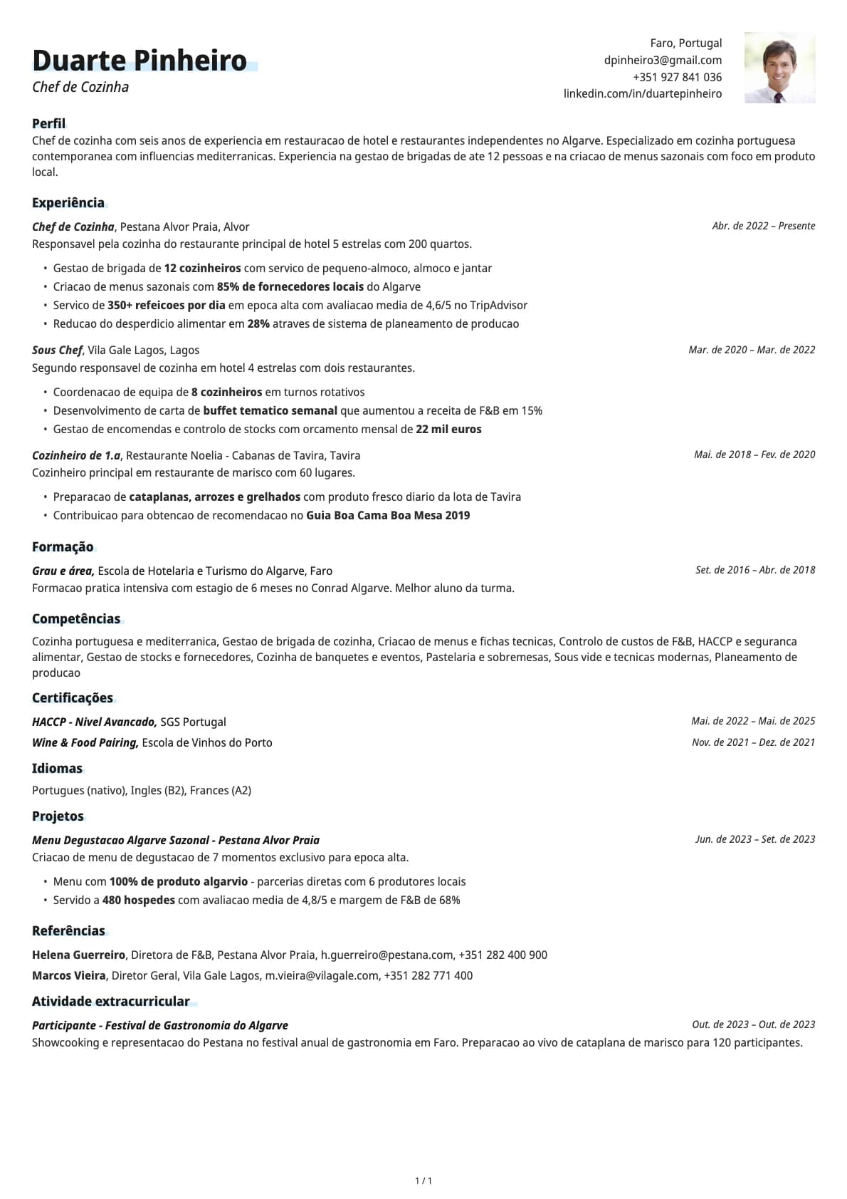 Chef de Cozinha resume example