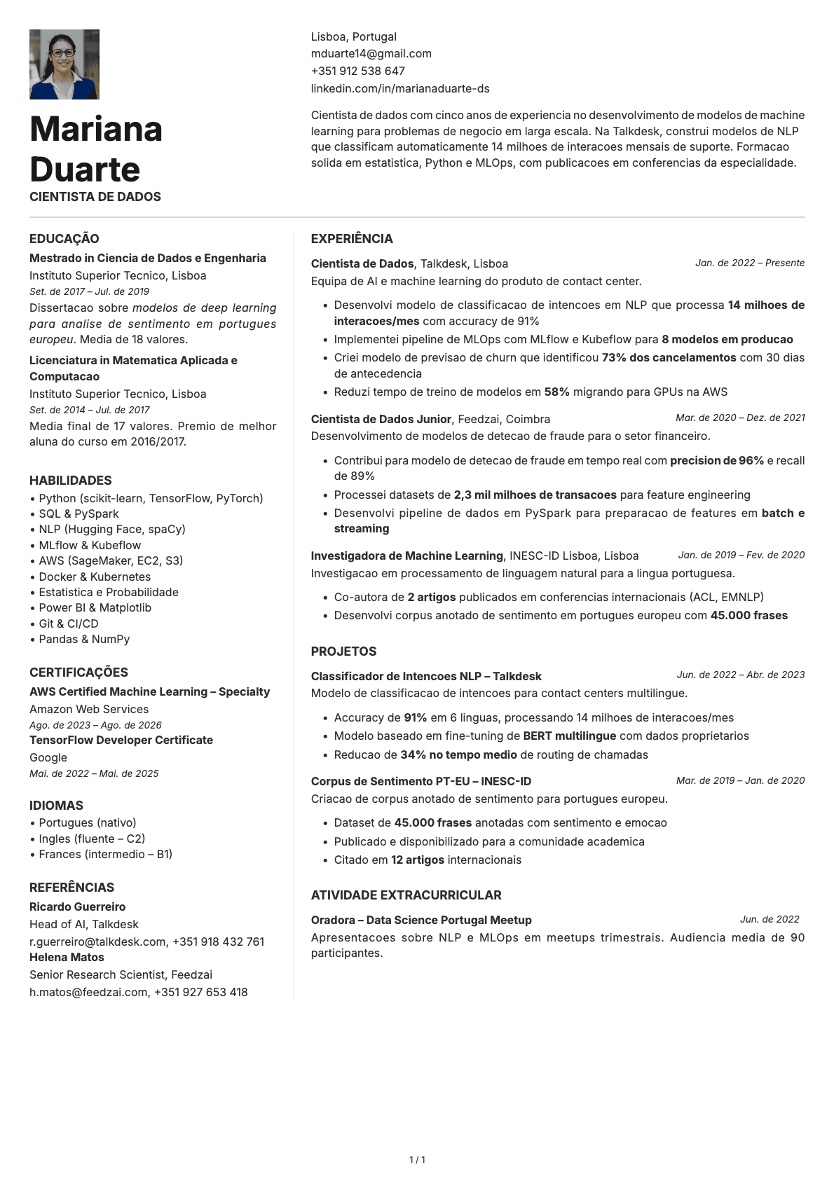 Cientista de Dados resume example