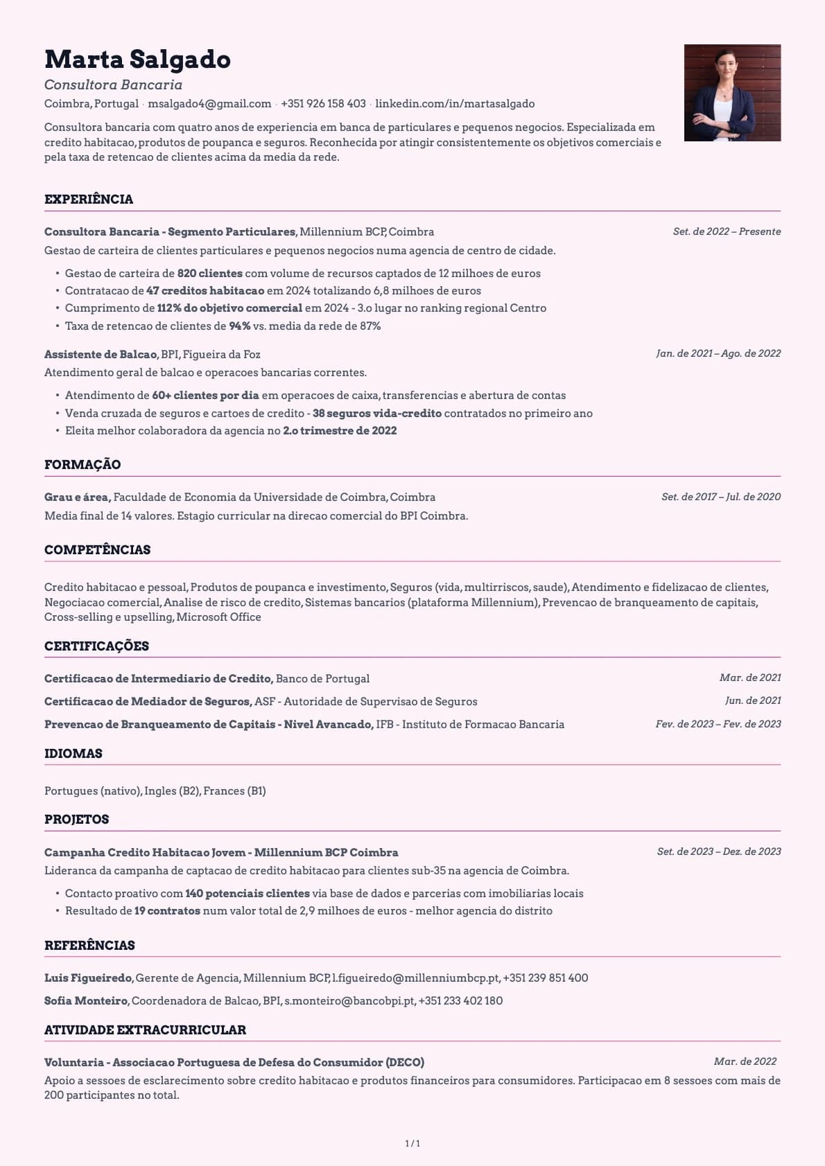 Consultor Bancário resume example