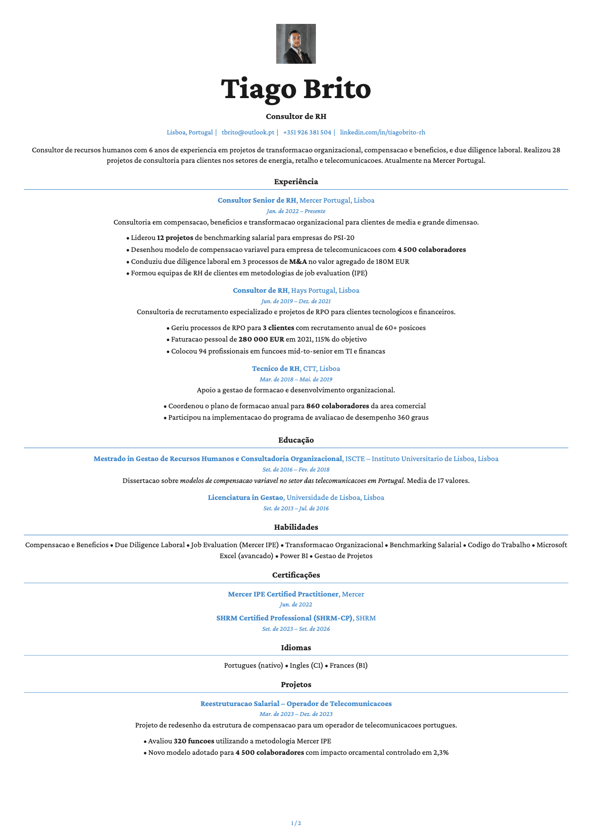 Consultor de RH resume example