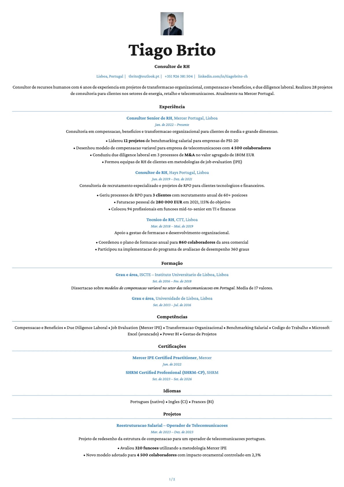 Consultor de RH resume example