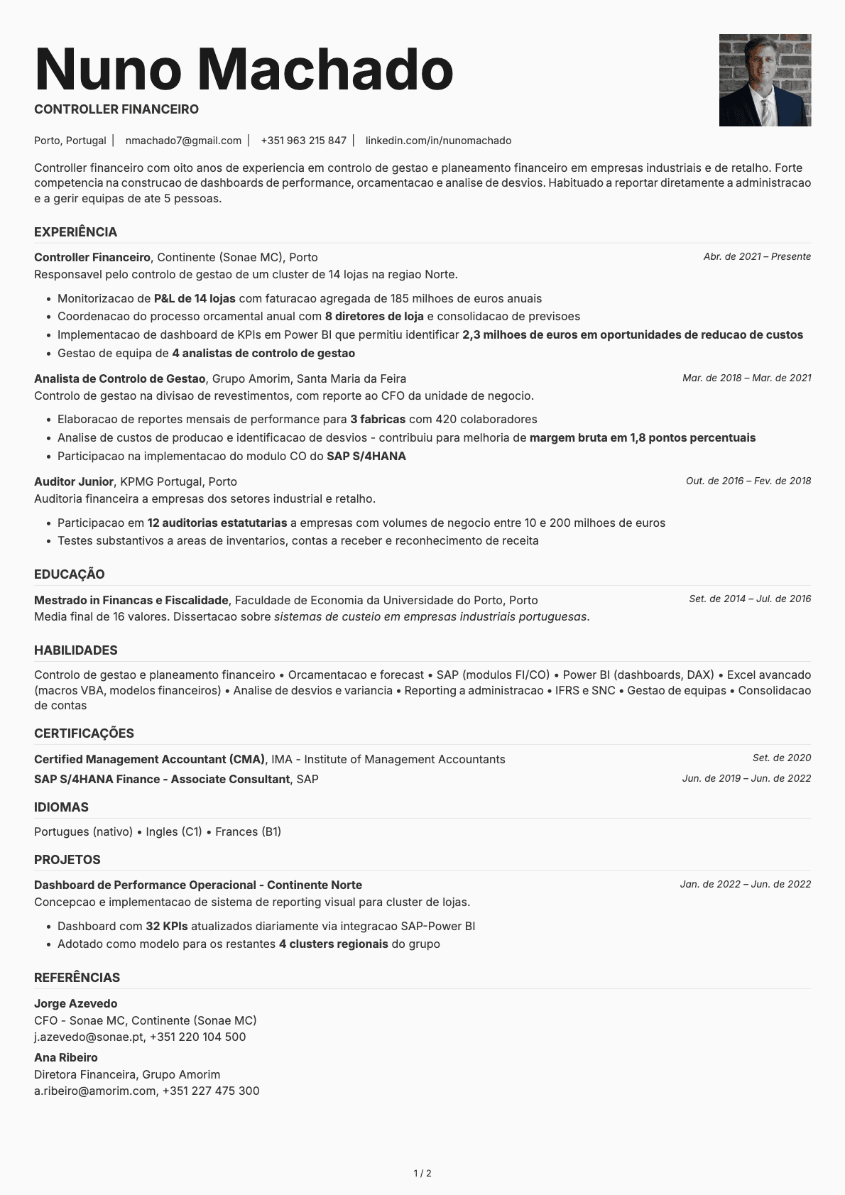 Controller Financeiro resume example