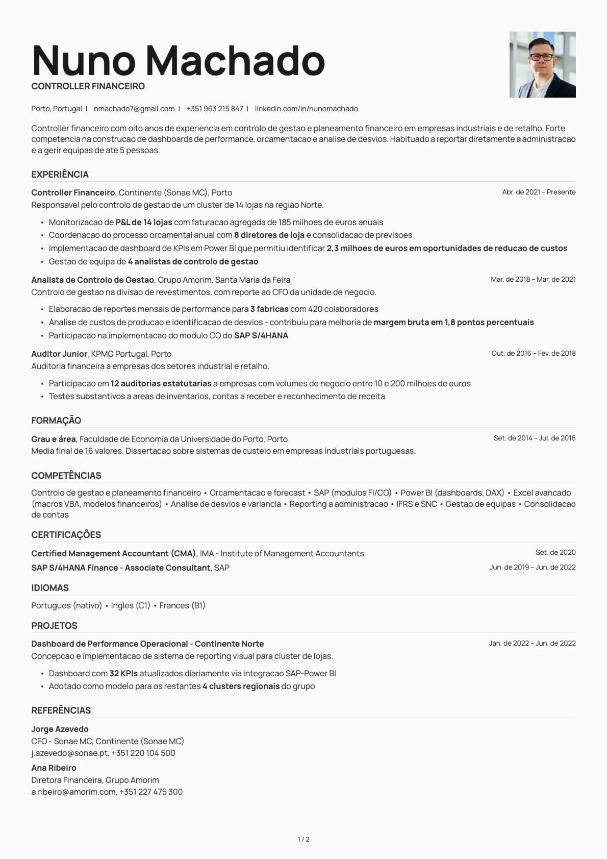 Controller Financeiro resume example